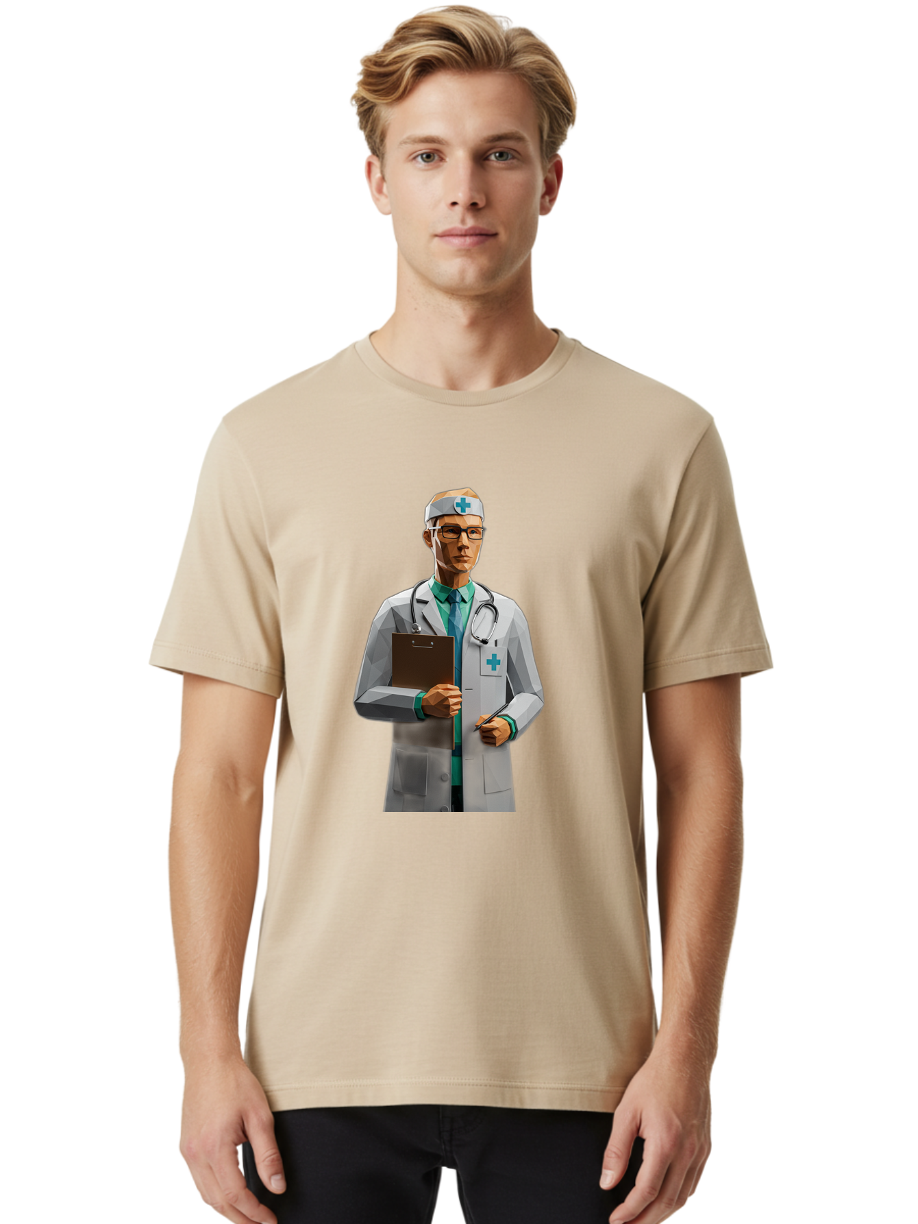 Doctor-With-Clipboard Men'S Graphic Tee, 100% Cotton, Comfortable Casual Summer Wear, Machine Washable, Male Doctor, White Lab Coat, Blue Cross, Stethoscope, Clipboard, Medical Professional, Healthcare Worker, Glasses, Serious Expression, Baa489