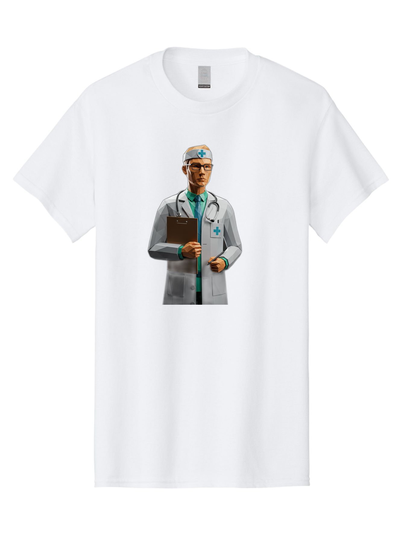 Doctor-With-Clipboard Men'S Graphic Tee, 100% Cotton, Comfortable Casual Summer Wear, Machine Washable, Male Doctor, White Lab Coat, Blue Cross, Stethoscope, Clipboard, Medical Professional, Healthcare Worker, Glasses, Serious Expression, Baa489