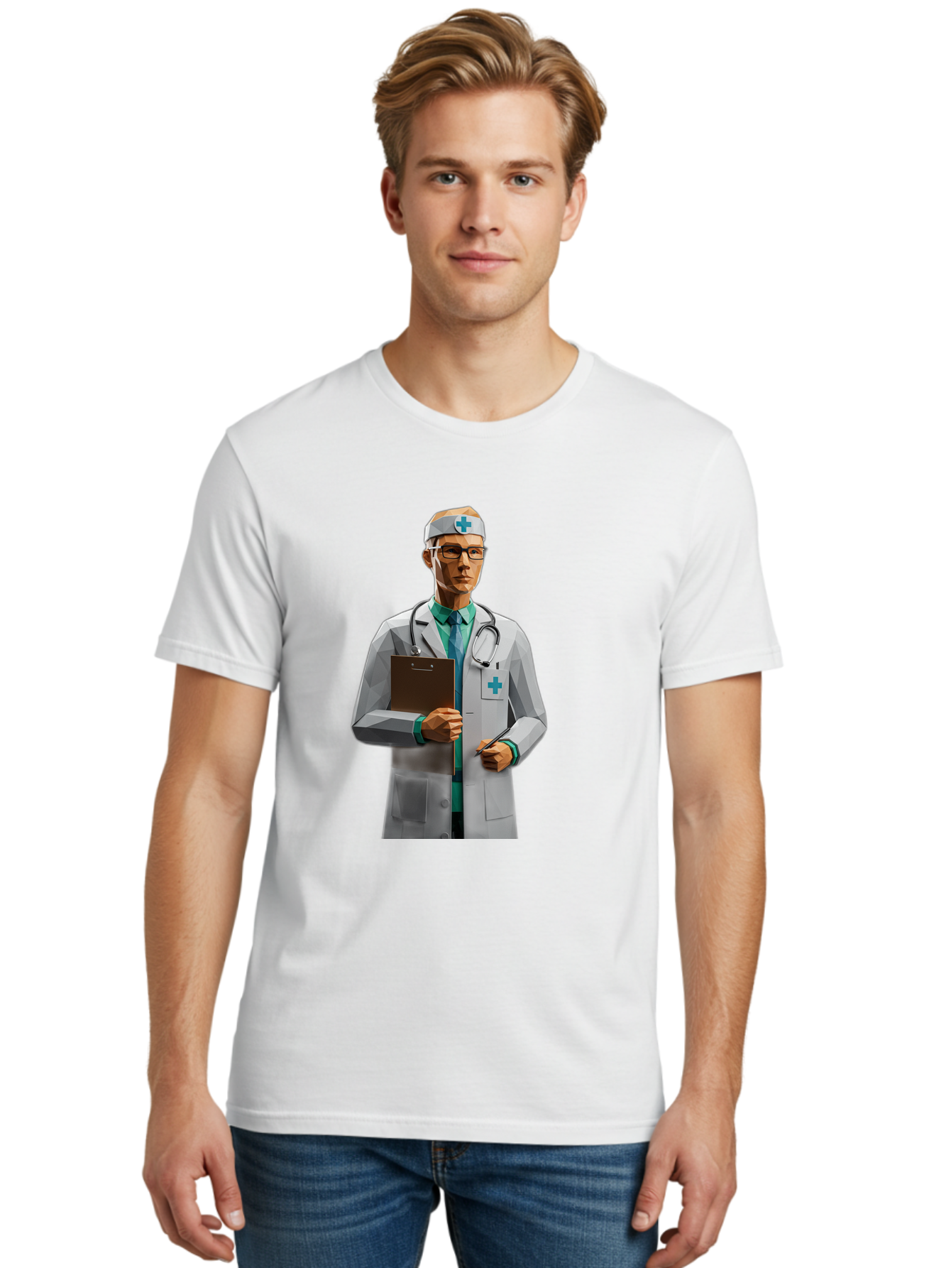 Doctor-With-Clipboard Men'S Graphic Tee, 100% Cotton, Comfortable Casual Summer Wear, Machine Washable, Male Doctor, White Lab Coat, Blue Cross, Stethoscope, Clipboard, Medical Professional, Healthcare Worker, Glasses, Serious Expression, Baa489