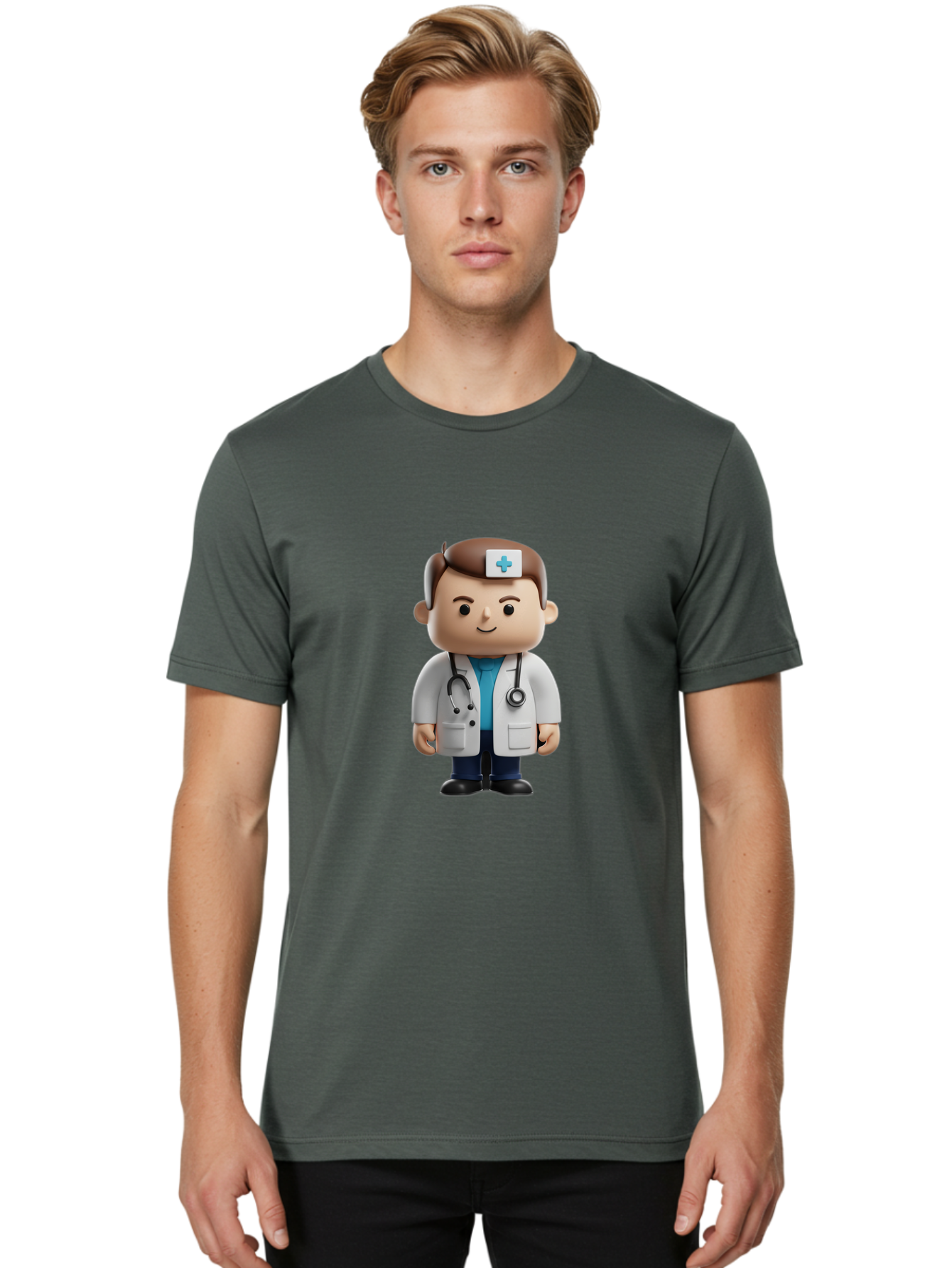 Doctor-With-Stethoscope Men'S Graphic Tee, 100% Cotton, Comfortable Casual Summer Wear, Machine Washable, Cartoon Doctor, Medical Professional, White Lab Coat, Stethoscope, Blue Cross, Healthcare Worker, Friendly Physician, Medical Symbol Baa491