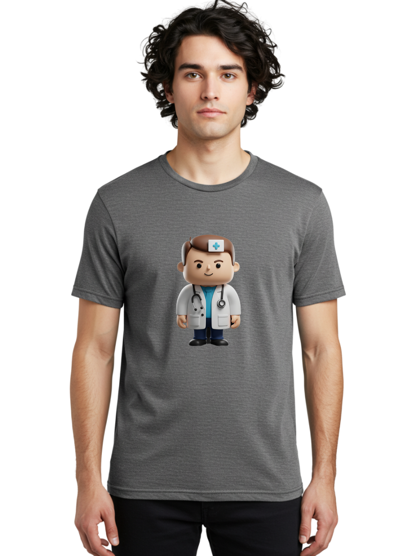 Doctor-With-Stethoscope Men'S Graphic Tee, 100% Cotton, Comfortable Casual Summer Wear, Machine Washable, Cartoon Doctor, Medical Professional, White Lab Coat, Stethoscope, Blue Cross, Healthcare Worker, Friendly Physician, Medical Symbol Baa491