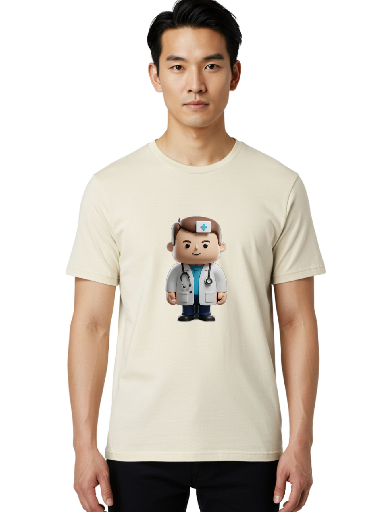 Doctor-With-Stethoscope Men'S Graphic Tee, 100% Cotton, Comfortable Casual Summer Wear, Machine Washable, Cartoon Doctor, Medical Professional, White Lab Coat, Stethoscope, Blue Cross, Healthcare Worker, Friendly Physician, Medical Symbol Baa491