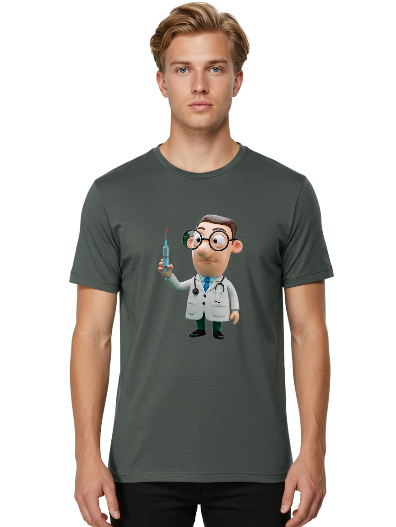 Doctor-With-Syringe Men'S Graphic Tee, 100% Cotton, Comfortable Casual Summer Wear, Machine Washable, Cartoon Doctor, Medical Professional, Syringe Injection, Healthcare Worker, Vaccination, Medicine, Doctor Character, Medical Illustration, Baa492