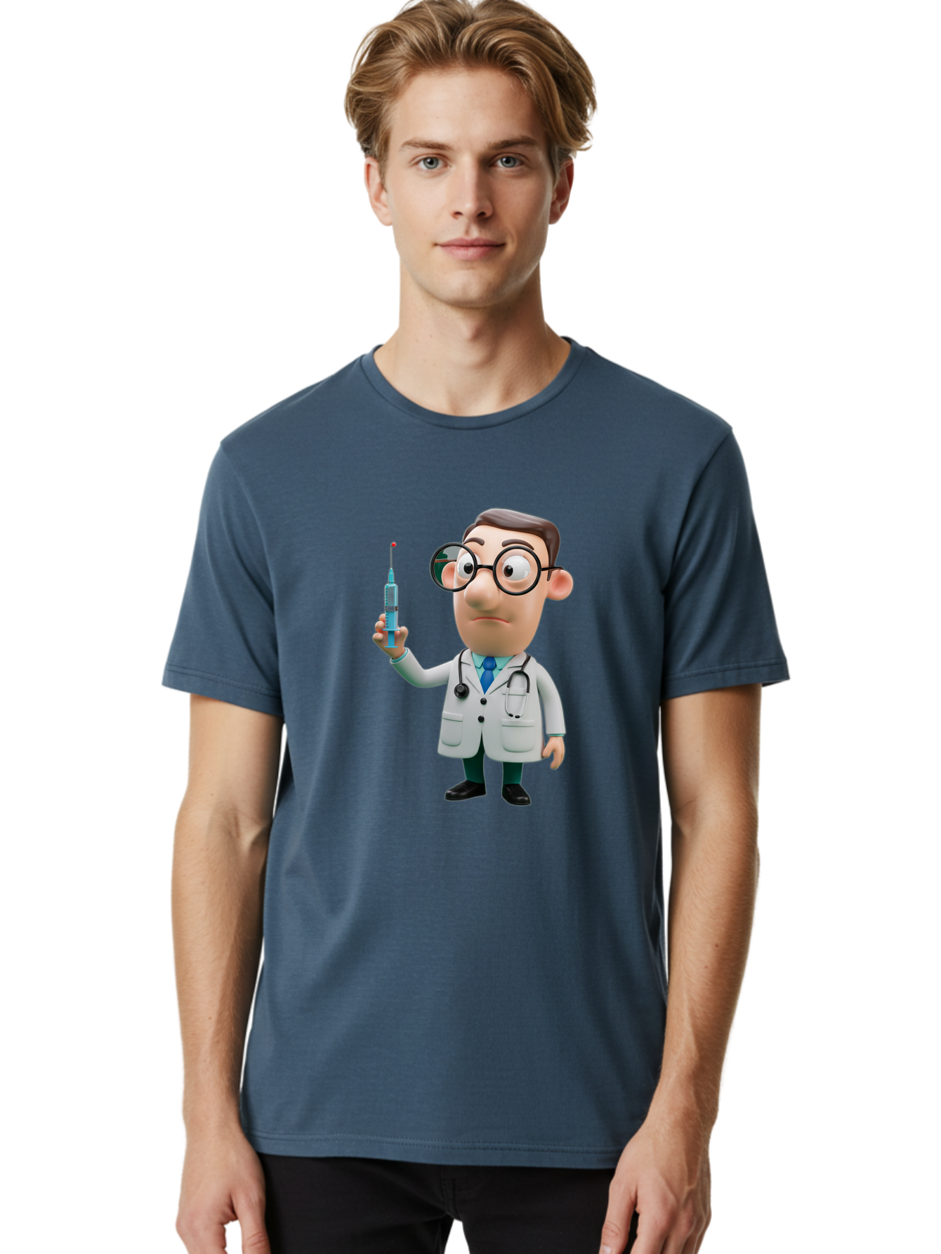 Doctor-With-Syringe Men'S Graphic Tee, 100% Cotton, Comfortable Casual Summer Wear, Machine Washable, Cartoon Doctor, Medical Professional, Syringe Injection, Healthcare Worker, Vaccination, Medicine, Doctor Character, Medical Illustration, Baa492