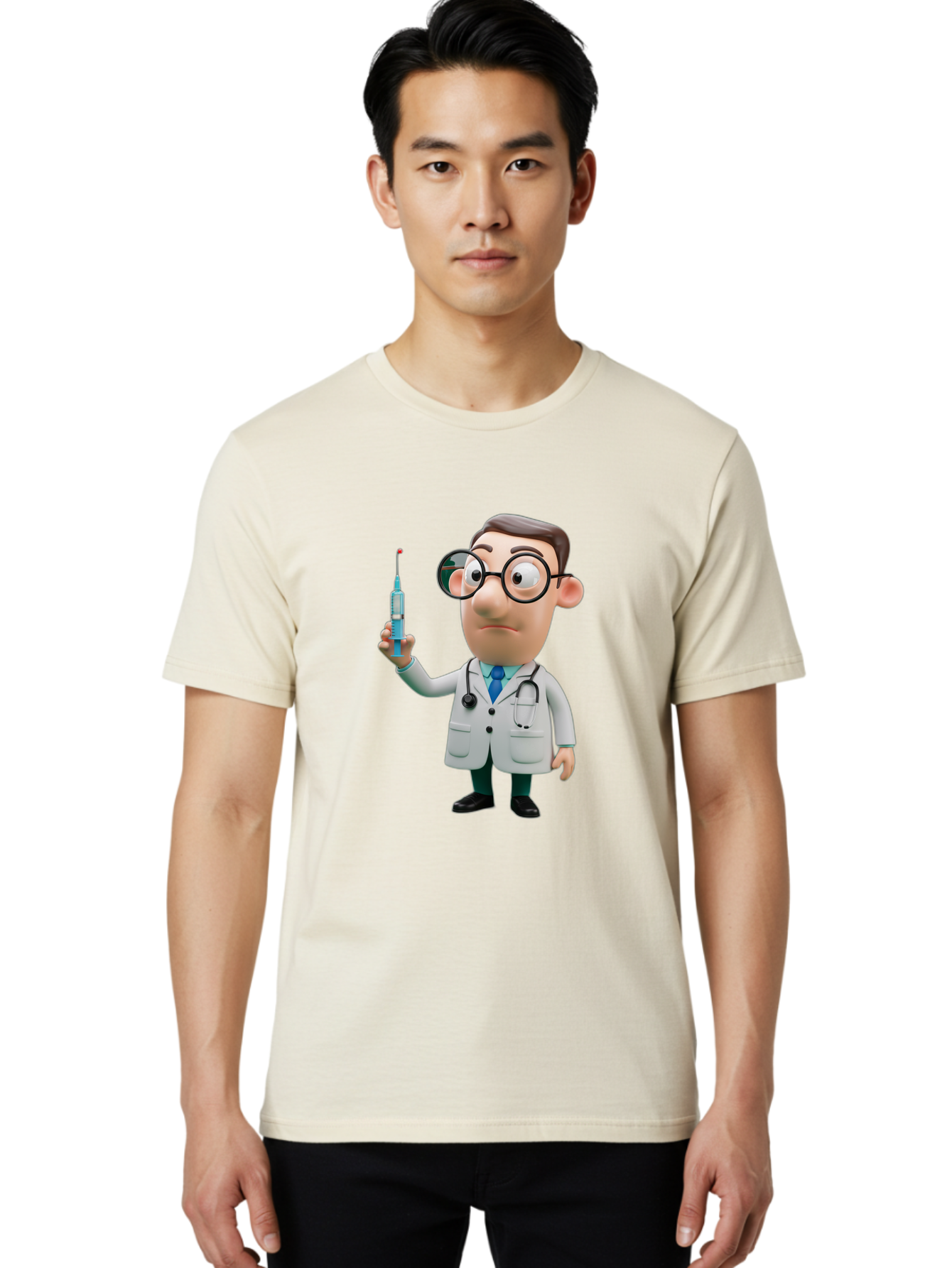 Doctor-With-Syringe Men'S Graphic Tee, 100% Cotton, Comfortable Casual Summer Wear, Machine Washable, Cartoon Doctor, Medical Professional, Syringe Injection, Healthcare Worker, Vaccination, Medicine, Doctor Character, Medical Illustration, Baa492