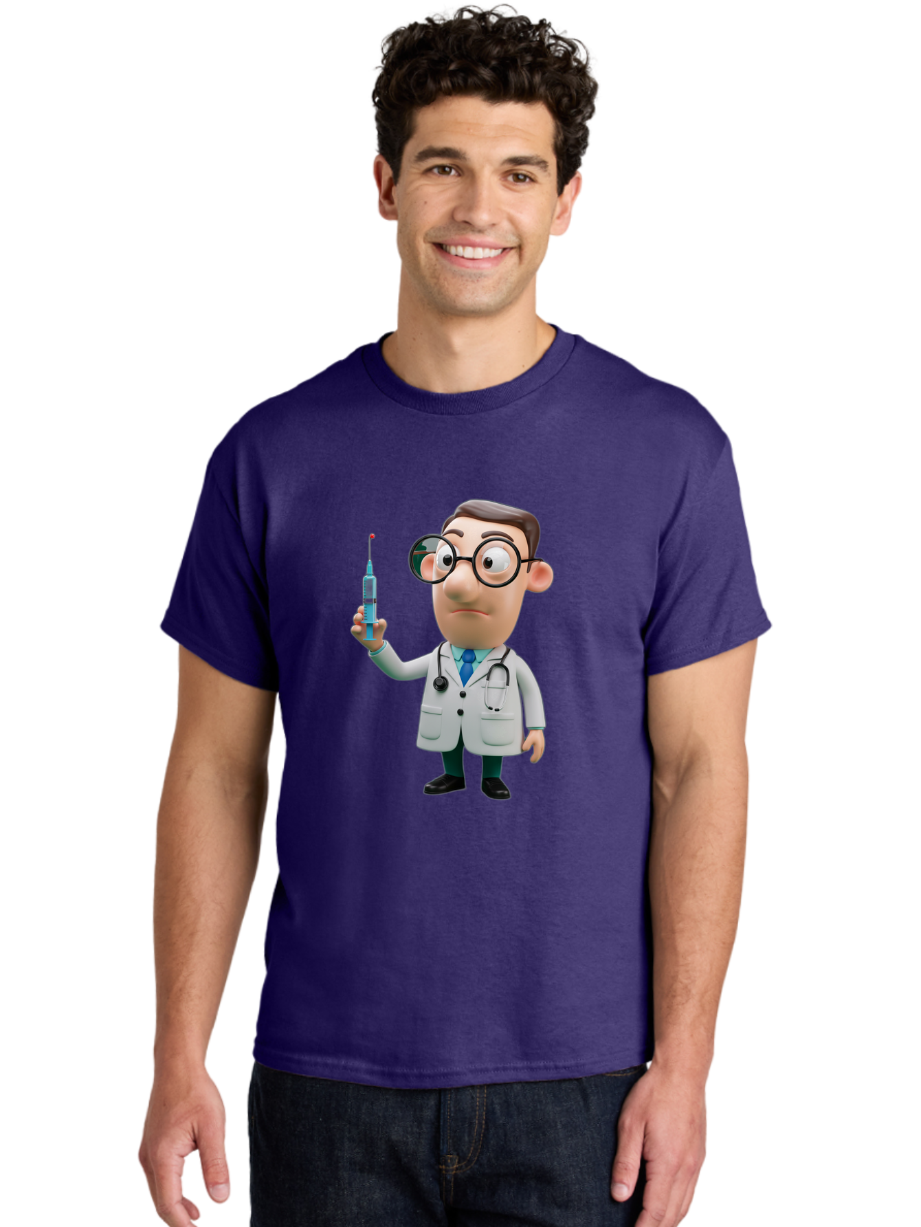 Doctor-With-Syringe Men'S Graphic Tee, 100% Cotton, Comfortable Casual Summer Wear, Machine Washable, Cartoon Doctor, Medical Professional, Syringe Injection, Healthcare Worker, Vaccination, Medicine, Doctor Character, Medical Illustration, Baa492