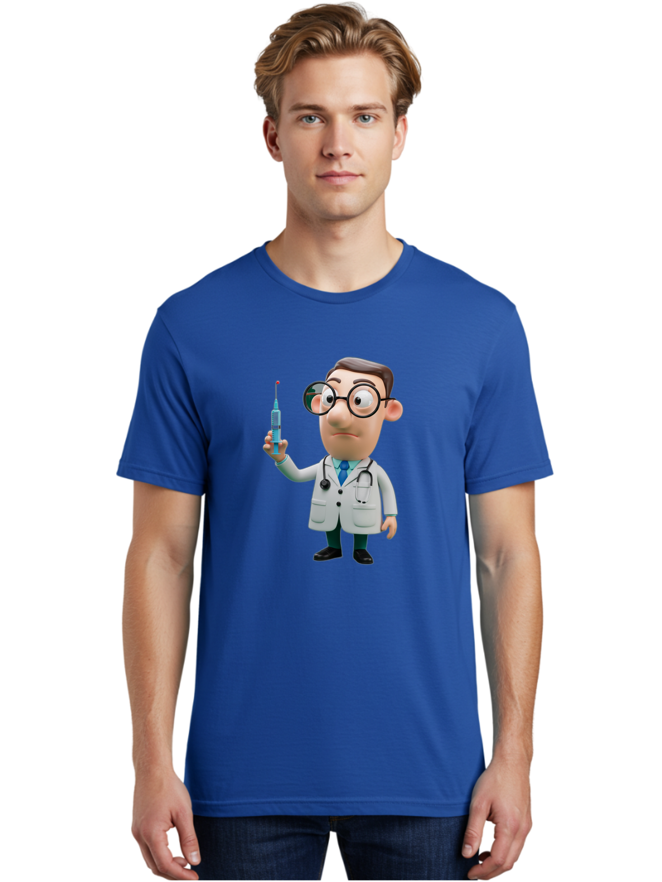 Doctor-With-Syringe Men'S Graphic Tee, 100% Cotton, Comfortable Casual Summer Wear, Machine Washable, Cartoon Doctor, Medical Professional, Syringe Injection, Healthcare Worker, Vaccination, Medicine, Doctor Character, Medical Illustration, Baa492