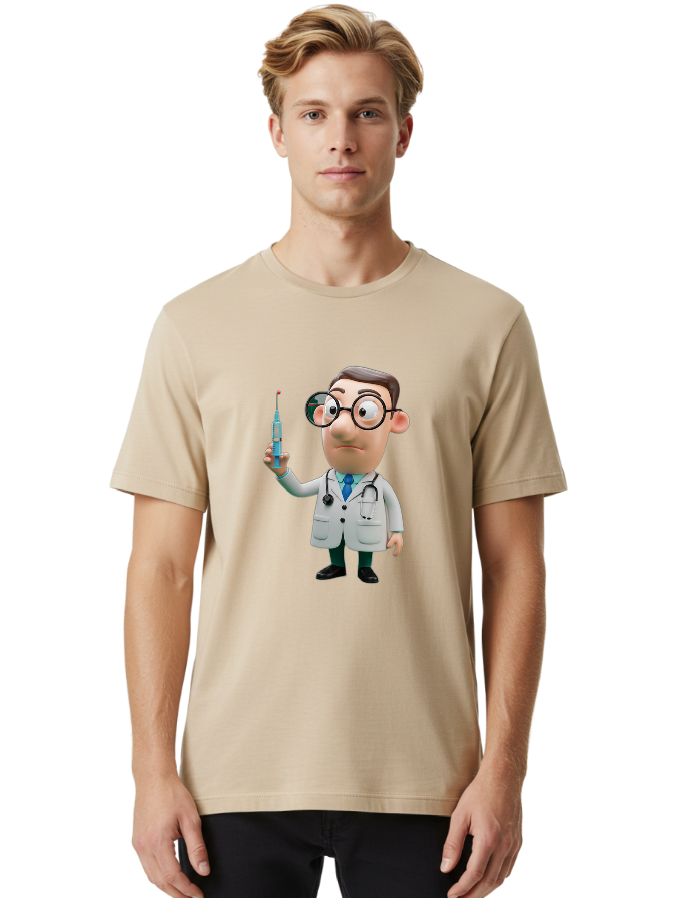 Doctor-With-Syringe Men'S Graphic Tee, 100% Cotton, Comfortable Casual Summer Wear, Machine Washable, Cartoon Doctor, Medical Professional, Syringe Injection, Healthcare Worker, Vaccination, Medicine, Doctor Character, Medical Illustration, Baa492