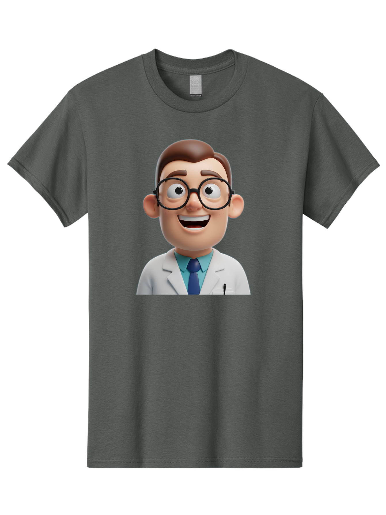 Doctor Men'S Graphic Tee, 100% Cotton, Comfortable Casual Summer Wear, Machine Washable, Smiling Doctor, Cartoon Character, 3D Illustration, Glasses, White Lab Coat, Blue Shirt, Striped Tie, Friendly Demeanor, Professional Attire, Baa493