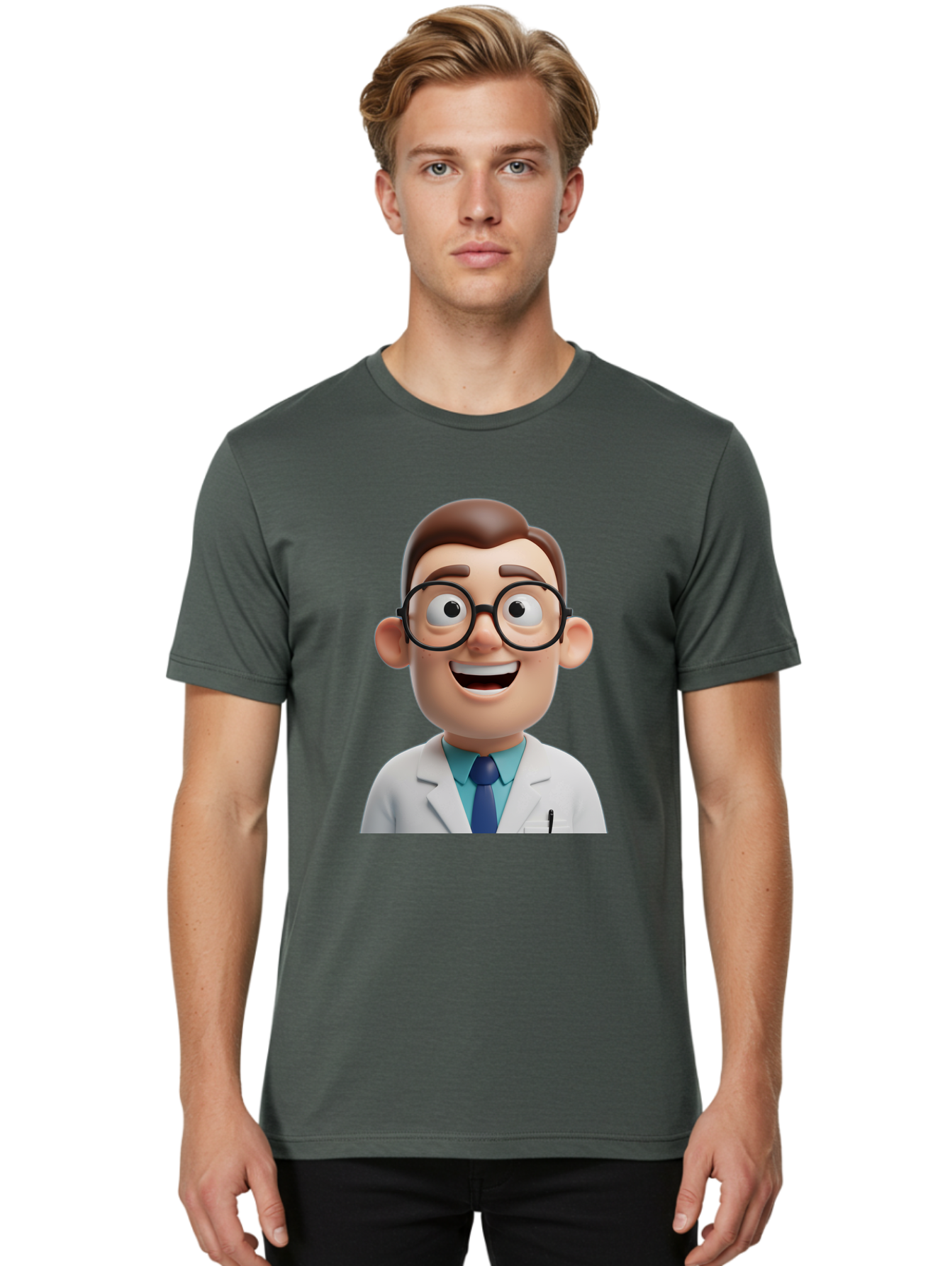 Doctor Men'S Graphic Tee, 100% Cotton, Comfortable Casual Summer Wear, Machine Washable, Smiling Doctor, Cartoon Character, 3D Illustration, Glasses, White Lab Coat, Blue Shirt, Striped Tie, Friendly Demeanor, Professional Attire, Baa493