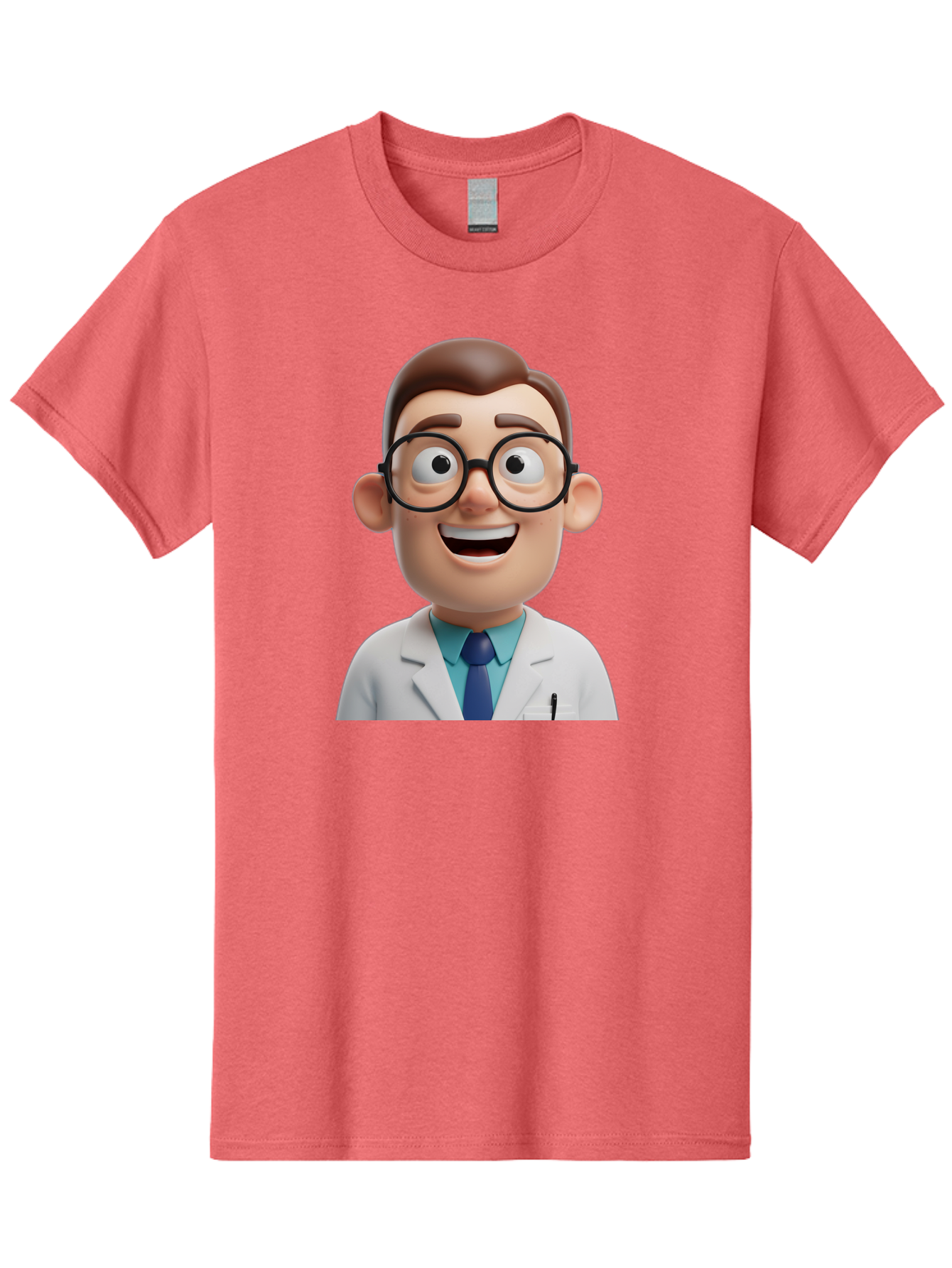Doctor Men'S Graphic Tee, 100% Cotton, Comfortable Casual Summer Wear, Machine Washable, Smiling Doctor, Cartoon Character, 3D Illustration, Glasses, White Lab Coat, Blue Shirt, Striped Tie, Friendly Demeanor, Professional Attire, Baa493