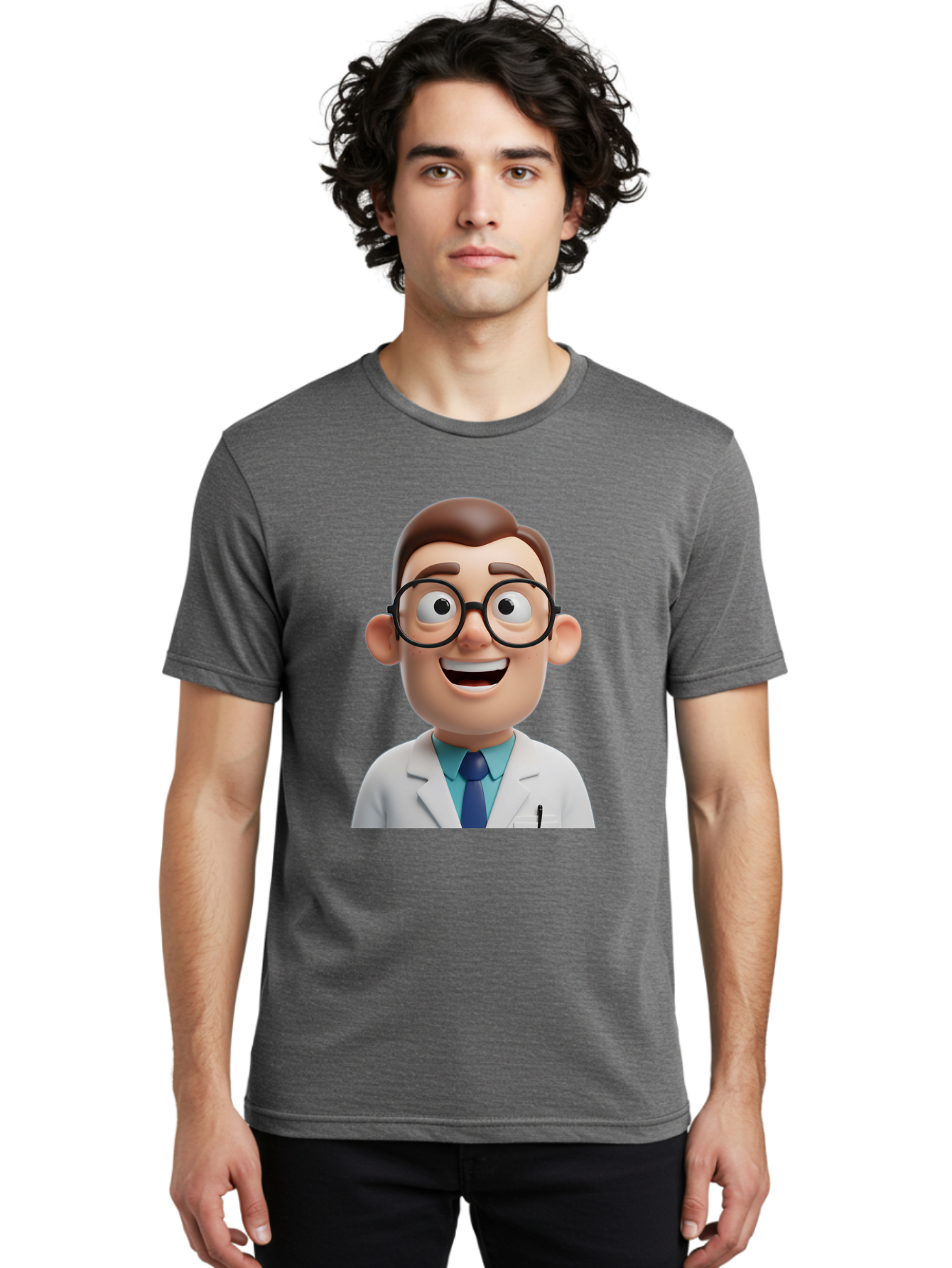 Doctor Men'S Graphic Tee, 100% Cotton, Comfortable Casual Summer Wear, Machine Washable, Smiling Doctor, Cartoon Character, 3D Illustration, Glasses, White Lab Coat, Blue Shirt, Striped Tie, Friendly Demeanor, Professional Attire, Baa493