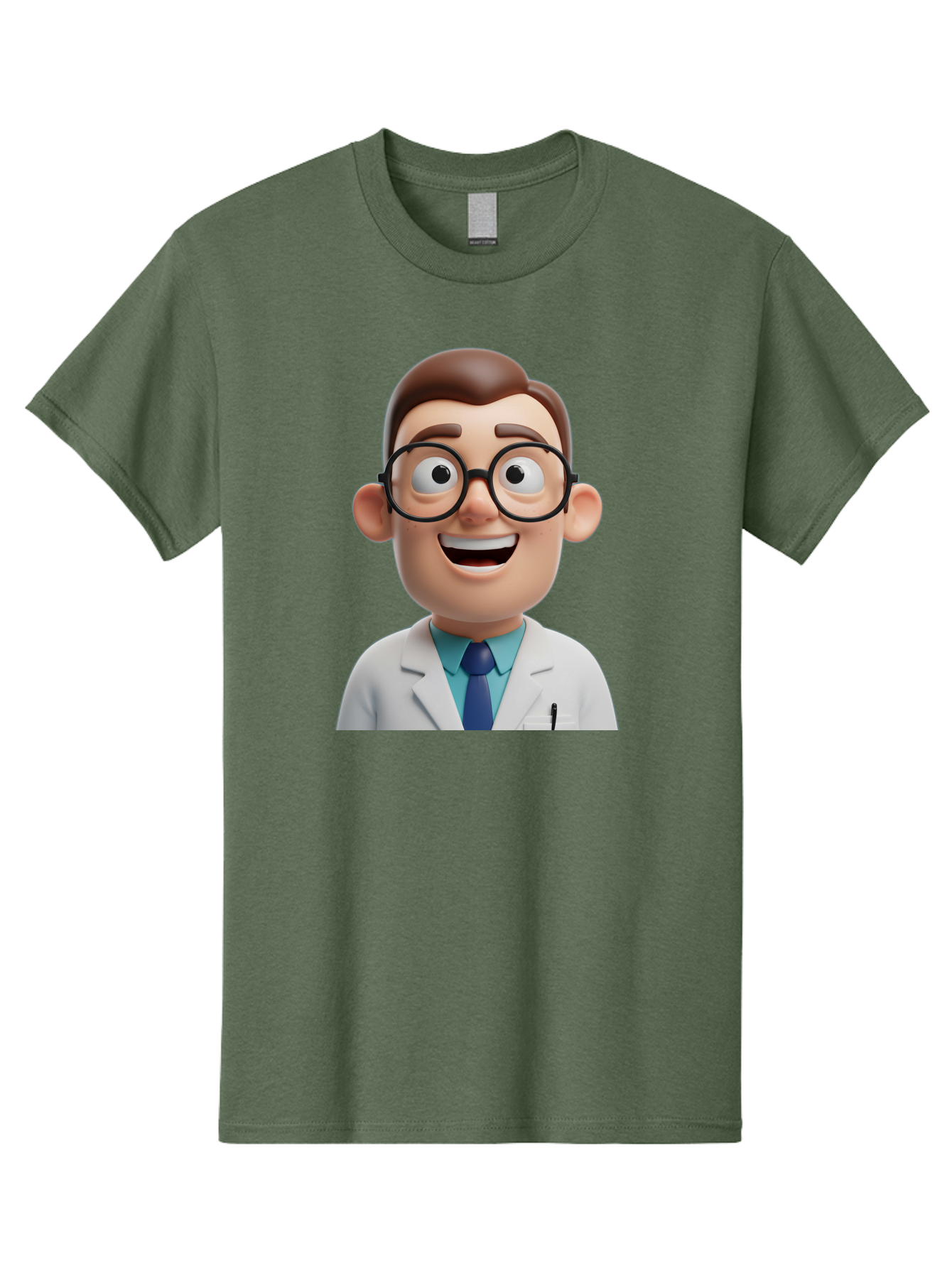 Doctor Men'S Graphic Tee, 100% Cotton, Comfortable Casual Summer Wear, Machine Washable, Smiling Doctor, Cartoon Character, 3D Illustration, Glasses, White Lab Coat, Blue Shirt, Striped Tie, Friendly Demeanor, Professional Attire, Baa493