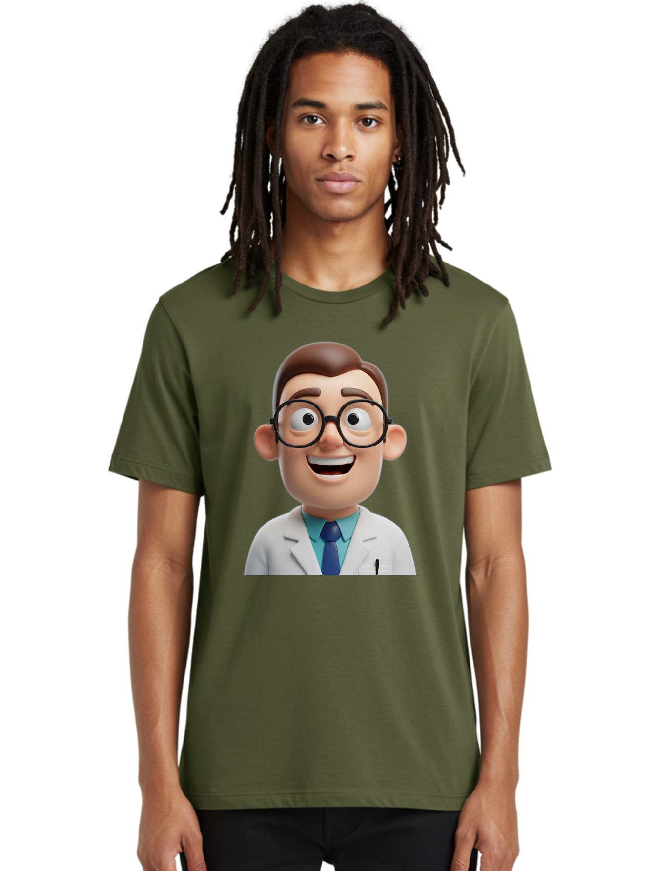 Doctor Men'S Graphic Tee, 100% Cotton, Comfortable Casual Summer Wear, Machine Washable, Smiling Doctor, Cartoon Character, 3D Illustration, Glasses, White Lab Coat, Blue Shirt, Striped Tie, Friendly Demeanor, Professional Attire, Baa493