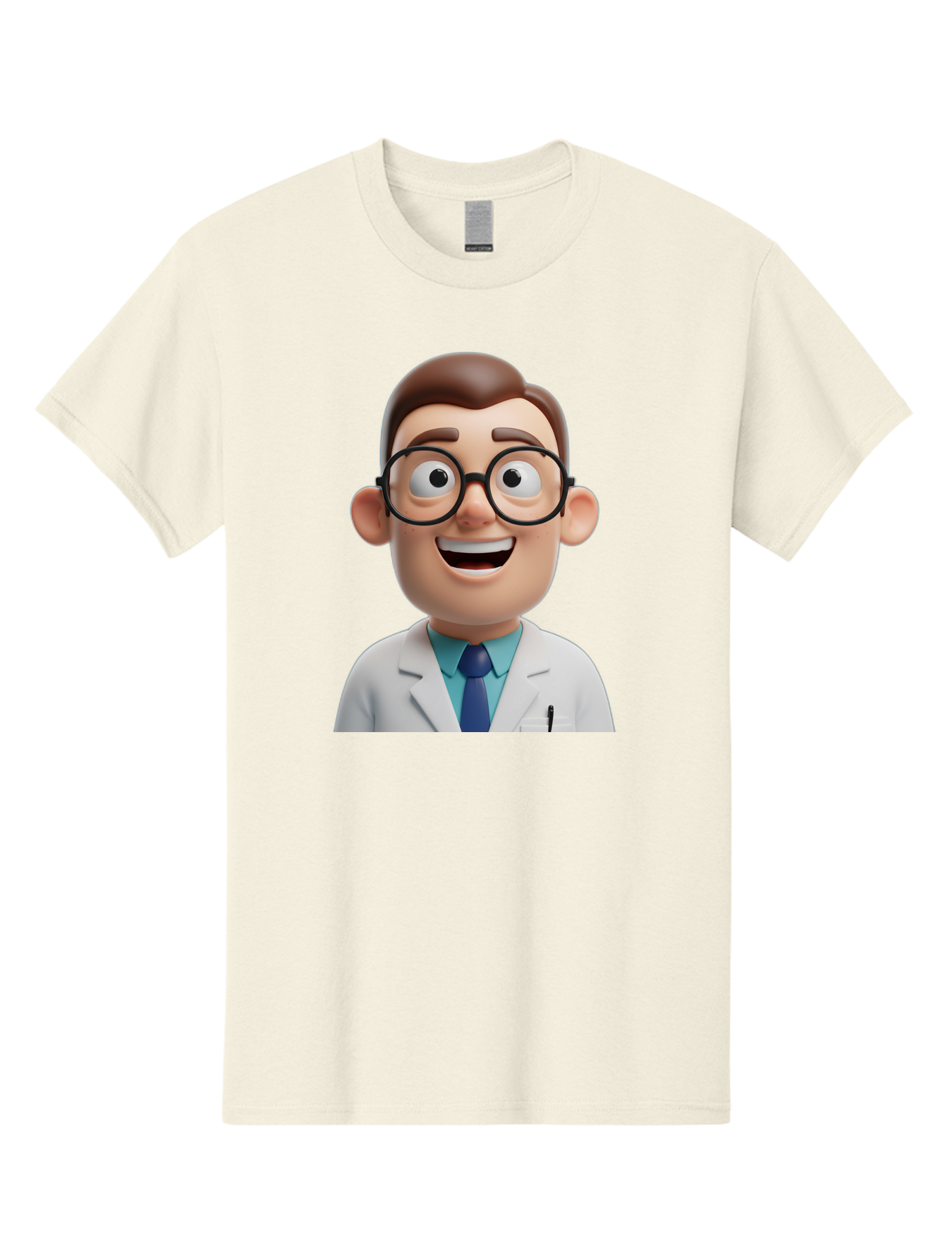 Doctor Men'S Graphic Tee, 100% Cotton, Comfortable Casual Summer Wear, Machine Washable, Smiling Doctor, Cartoon Character, 3D Illustration, Glasses, White Lab Coat, Blue Shirt, Striped Tie, Friendly Demeanor, Professional Attire, Baa493