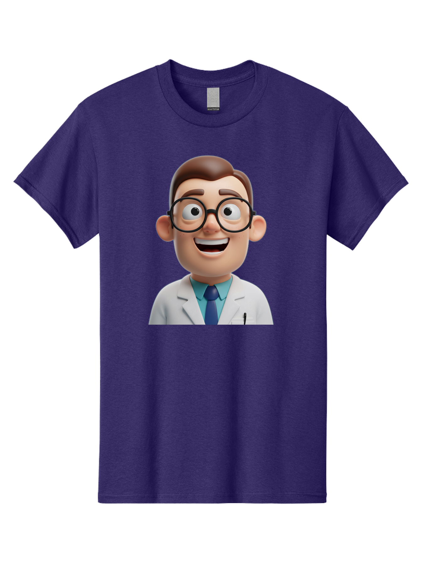 Doctor Men'S Graphic Tee, 100% Cotton, Comfortable Casual Summer Wear, Machine Washable, Smiling Doctor, Cartoon Character, 3D Illustration, Glasses, White Lab Coat, Blue Shirt, Striped Tie, Friendly Demeanor, Professional Attire, Baa493