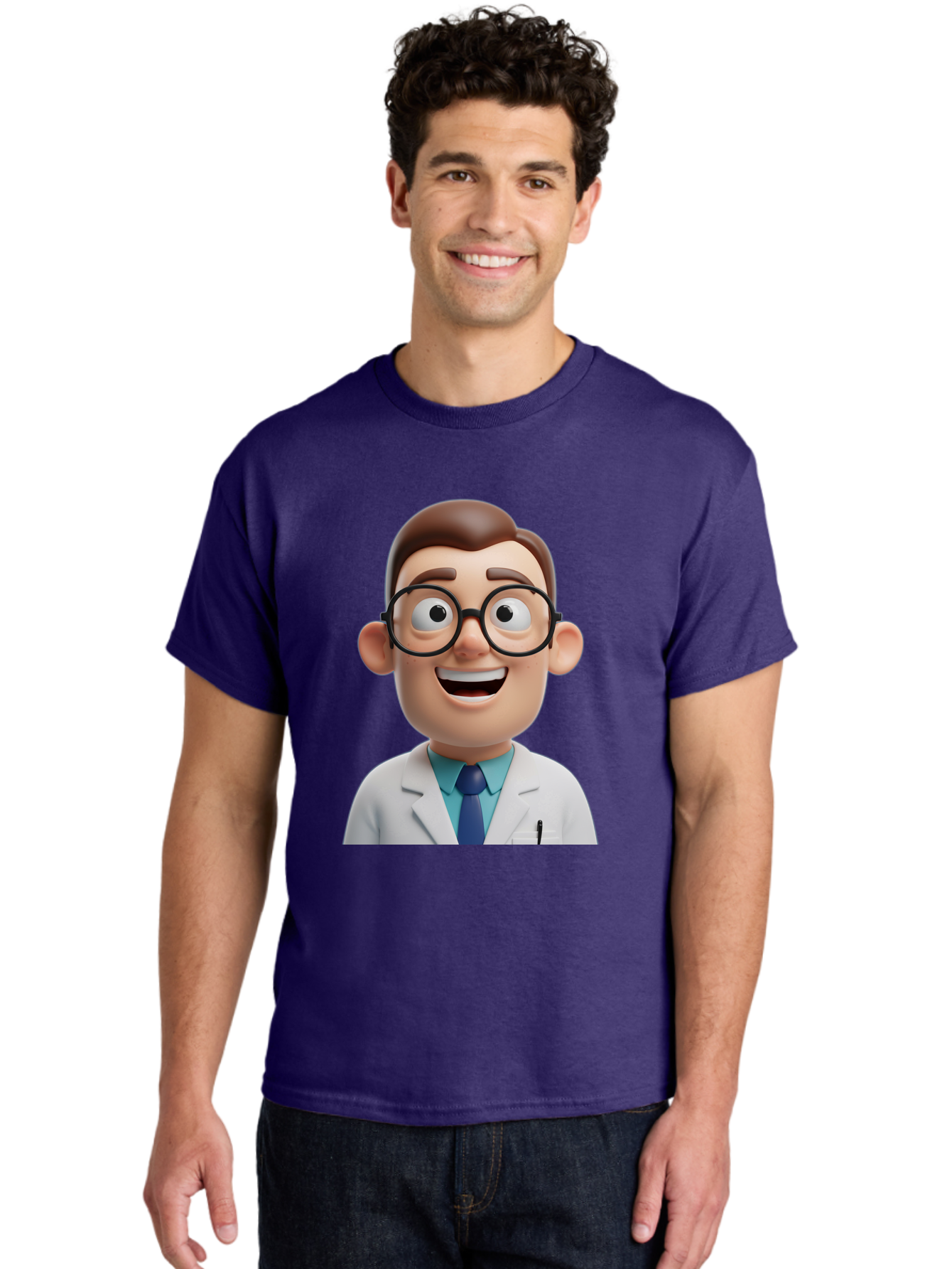 Doctor Men'S Graphic Tee, 100% Cotton, Comfortable Casual Summer Wear, Machine Washable, Smiling Doctor, Cartoon Character, 3D Illustration, Glasses, White Lab Coat, Blue Shirt, Striped Tie, Friendly Demeanor, Professional Attire, Baa493