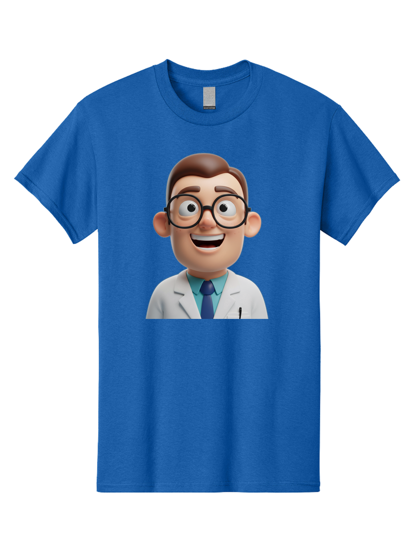 Doctor Men'S Graphic Tee, 100% Cotton, Comfortable Casual Summer Wear, Machine Washable, Smiling Doctor, Cartoon Character, 3D Illustration, Glasses, White Lab Coat, Blue Shirt, Striped Tie, Friendly Demeanor, Professional Attire, Baa493
