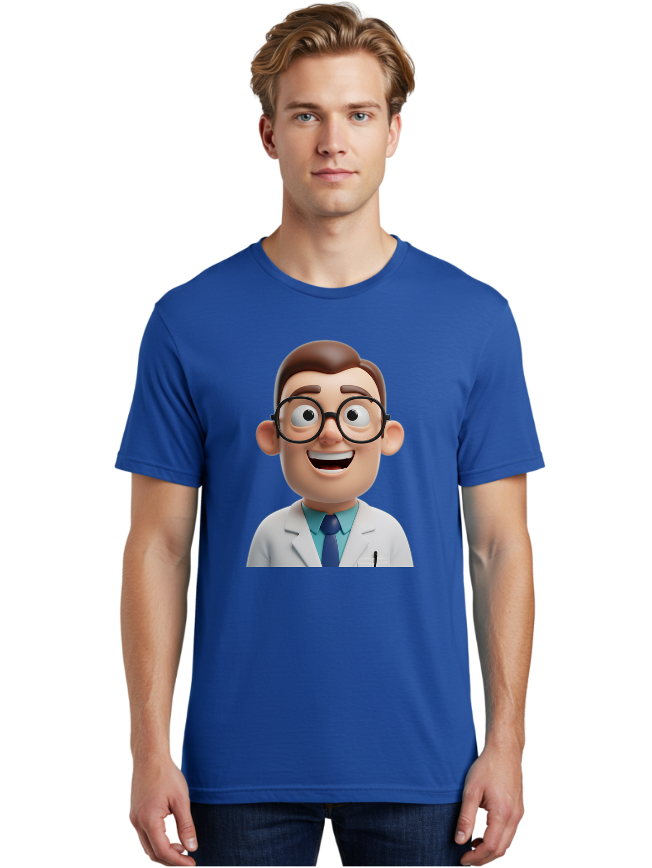 Doctor Men'S Graphic Tee, 100% Cotton, Comfortable Casual Summer Wear, Machine Washable, Smiling Doctor, Cartoon Character, 3D Illustration, Glasses, White Lab Coat, Blue Shirt, Striped Tie, Friendly Demeanor, Professional Attire, Baa493