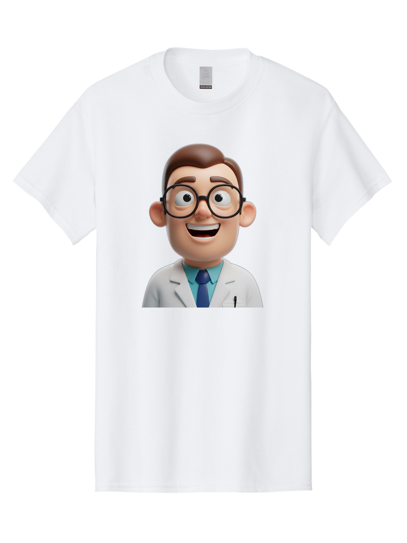 Doctor Men'S Graphic Tee, 100% Cotton, Comfortable Casual Summer Wear, Machine Washable, Smiling Doctor, Cartoon Character, 3D Illustration, Glasses, White Lab Coat, Blue Shirt, Striped Tie, Friendly Demeanor, Professional Attire, Baa493