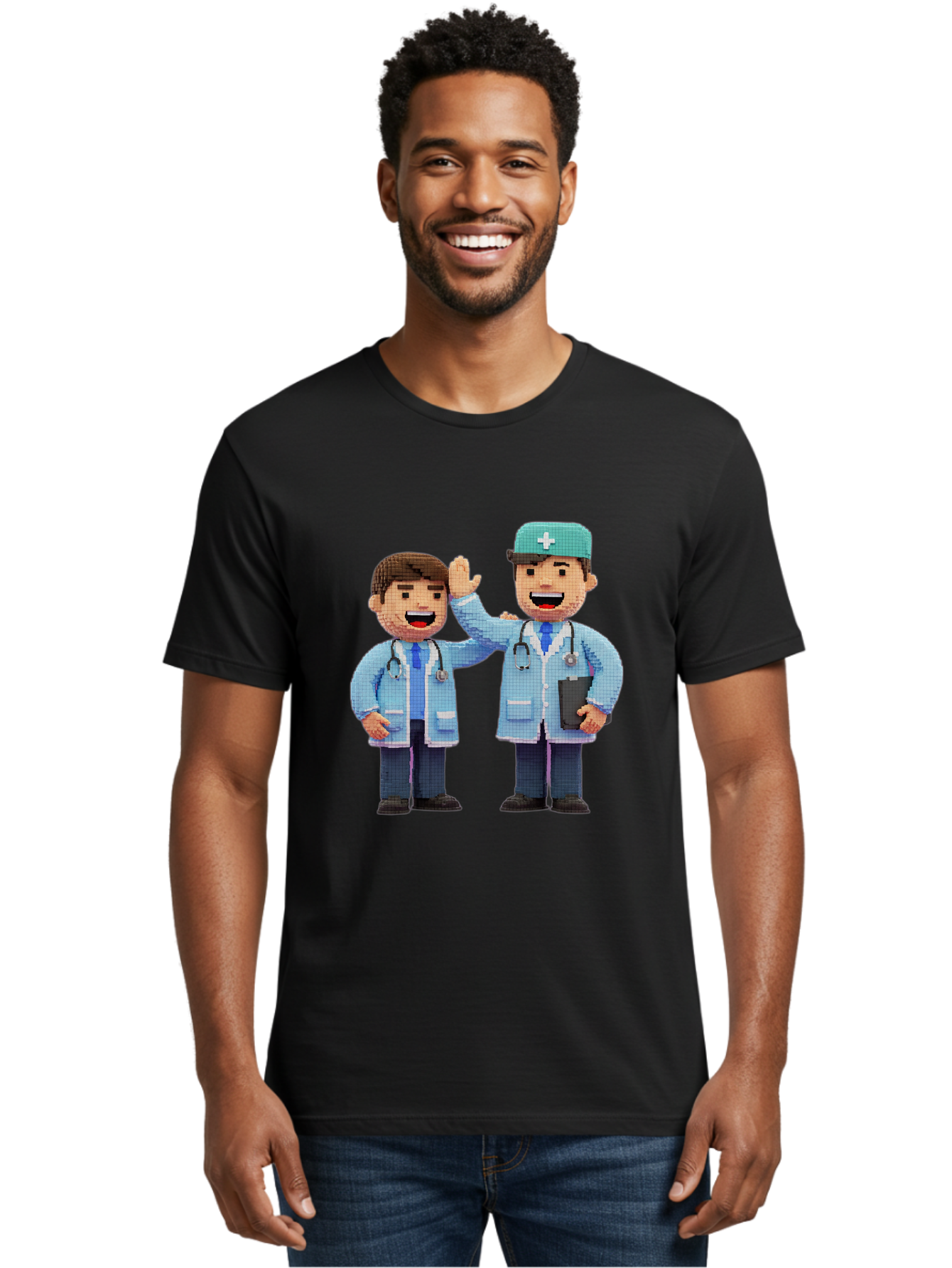 Doctors Men'S Graphic Tee, 100% Cotton, Comfortable Casual Summer Wear, Machine Washable, Doctors High Fiving, Medical Professionals, Healthcare Workers, Pixel Art, Stethoscope, Doctor'S Coat, Friendly Gesture, Teamwork Baa494