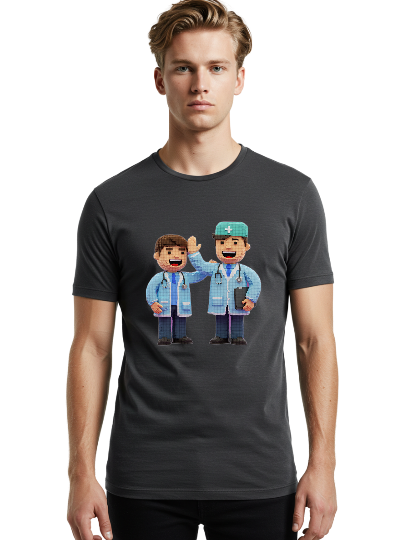 Doctors Men'S Graphic Tee, 100% Cotton, Comfortable Casual Summer Wear, Machine Washable, Doctors High Fiving, Medical Professionals, Healthcare Workers, Pixel Art, Stethoscope, Doctor'S Coat, Friendly Gesture, Teamwork Baa494