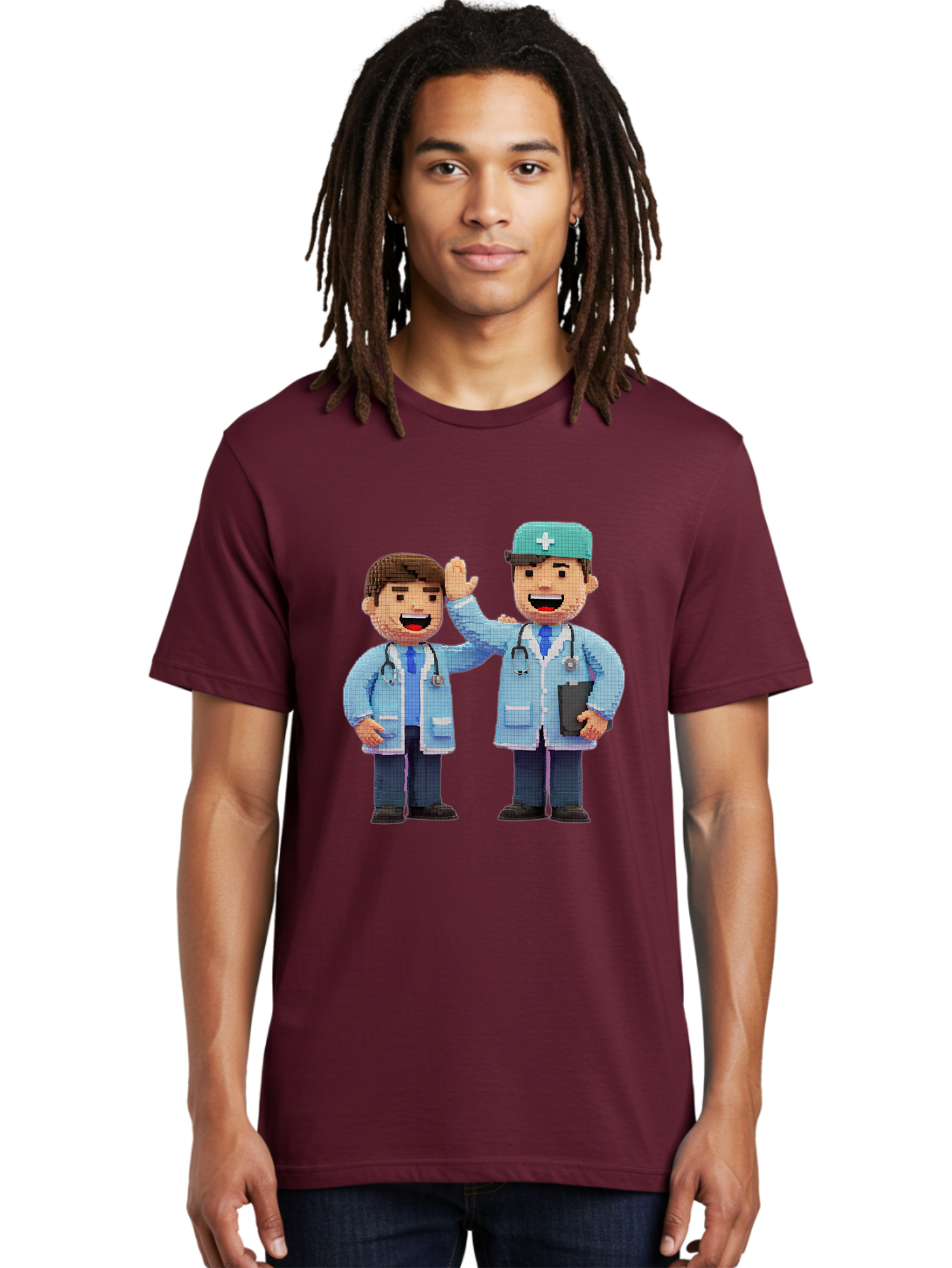 Doctors Men'S Graphic Tee, 100% Cotton, Comfortable Casual Summer Wear, Machine Washable, Doctors High Fiving, Medical Professionals, Healthcare Workers, Pixel Art, Stethoscope, Doctor'S Coat, Friendly Gesture, Teamwork Baa494