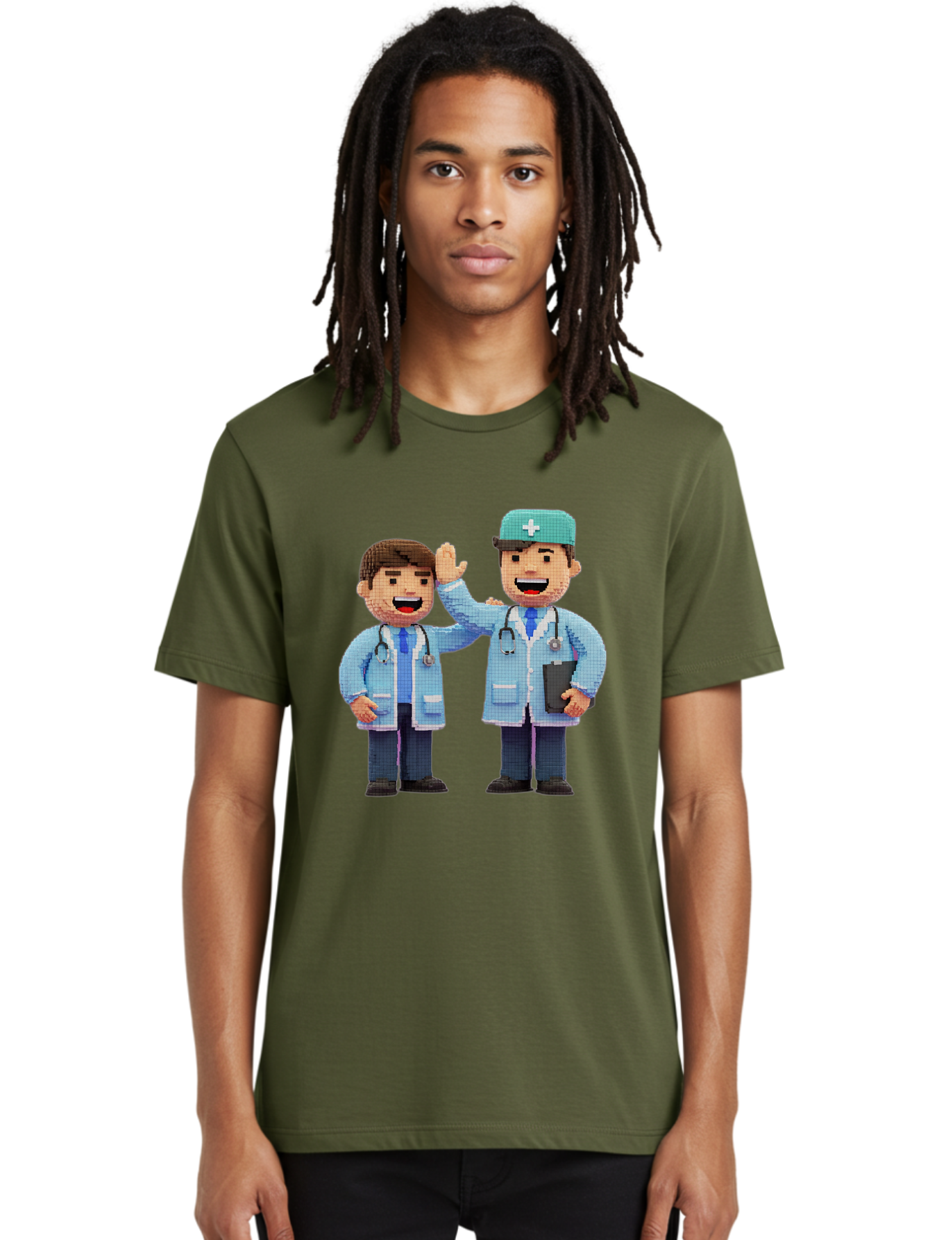 Doctors Men'S Graphic Tee, 100% Cotton, Comfortable Casual Summer Wear, Machine Washable, Doctors High Fiving, Medical Professionals, Healthcare Workers, Pixel Art, Stethoscope, Doctor'S Coat, Friendly Gesture, Teamwork Baa494