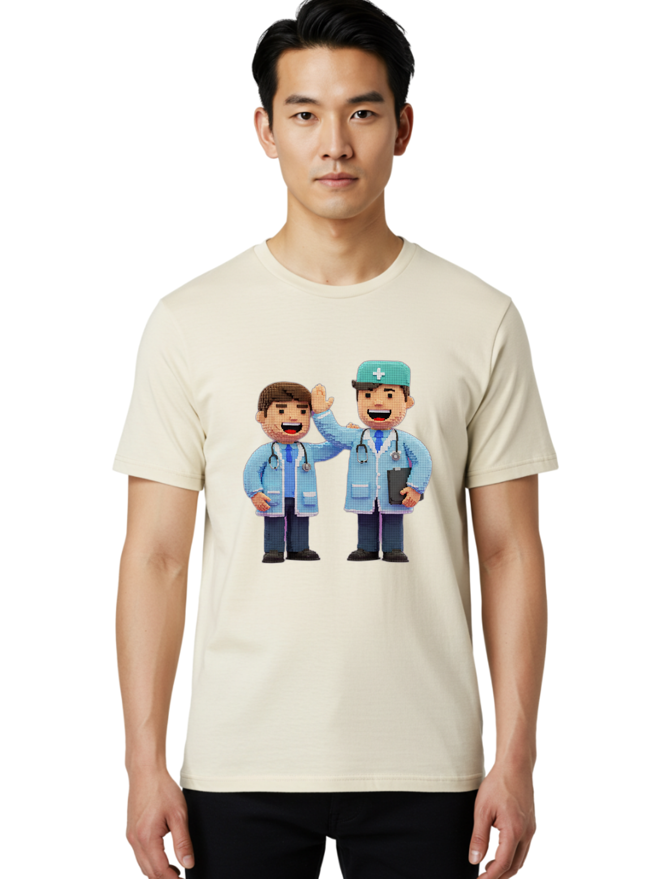 Doctors Men'S Graphic Tee, 100% Cotton, Comfortable Casual Summer Wear, Machine Washable, Doctors High Fiving, Medical Professionals, Healthcare Workers, Pixel Art, Stethoscope, Doctor'S Coat, Friendly Gesture, Teamwork Baa494
