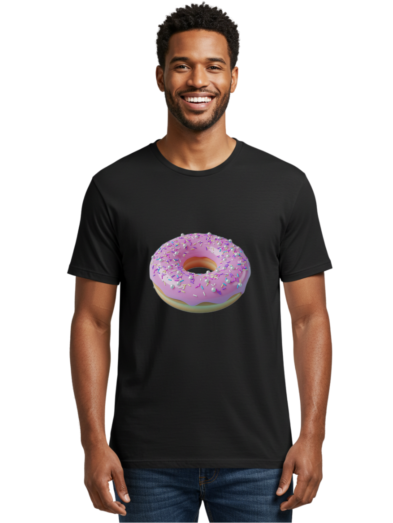 Donut-1 Men'S Graphic Tee, 100% Cotton, Comfortable Casual Summer Wear, Machine Washable, Pink Donut With Sprinkles, Sweet Treats, Colorful Dessert, Tasty Pastry, Baked Goods, Donut With Frosting, Sprinkle Toppings, Purple Frosting Baa495