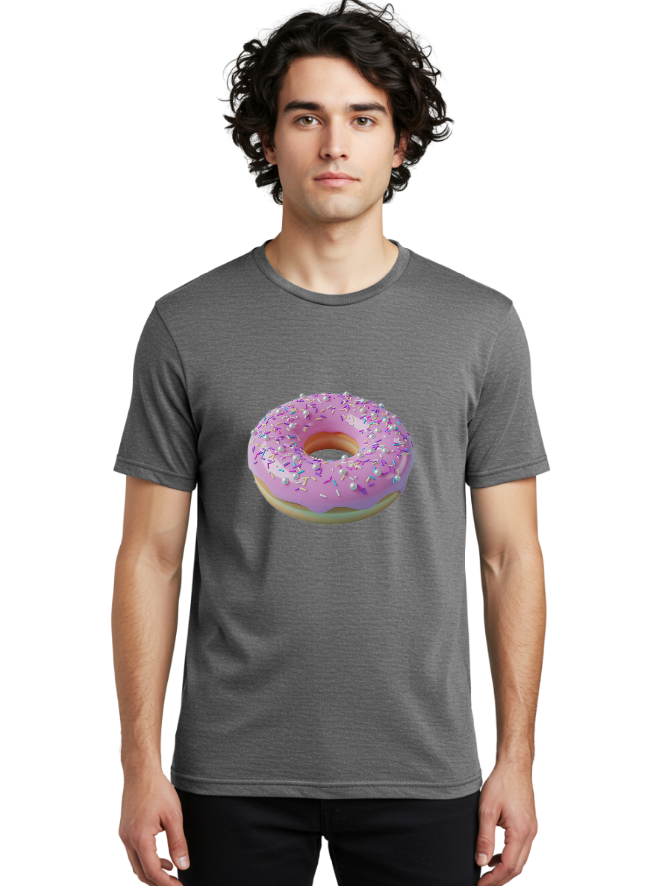 Donut-1 Men'S Graphic Tee, 100% Cotton, Comfortable Casual Summer Wear, Machine Washable, Pink Donut With Sprinkles, Sweet Treats, Colorful Dessert, Tasty Pastry, Baked Goods, Donut With Frosting, Sprinkle Toppings, Purple Frosting Baa495