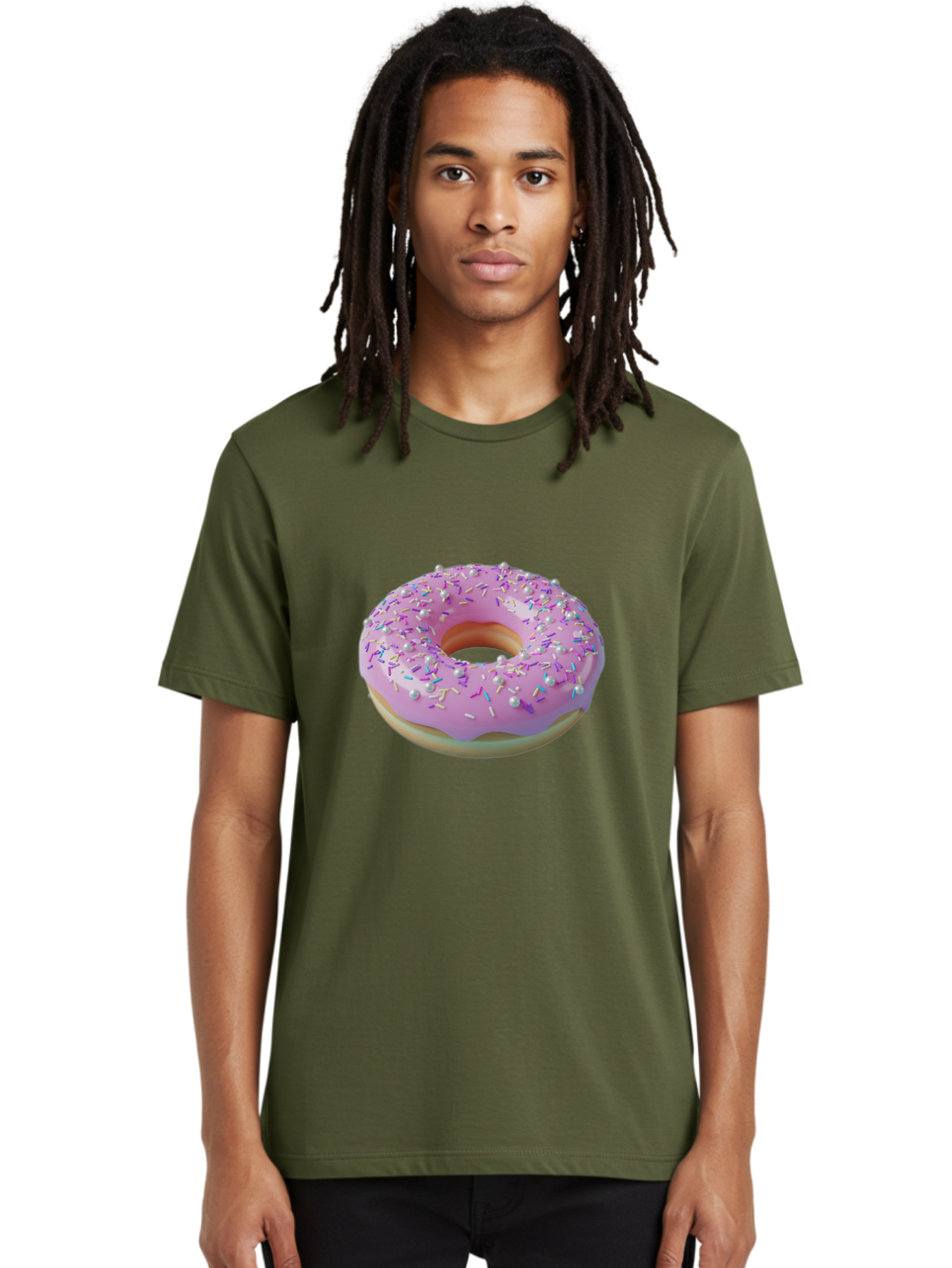 Donut-1 Men'S Graphic Tee, 100% Cotton, Comfortable Casual Summer Wear, Machine Washable, Pink Donut With Sprinkles, Sweet Treats, Colorful Dessert, Tasty Pastry, Baked Goods, Donut With Frosting, Sprinkle Toppings, Purple Frosting Baa495