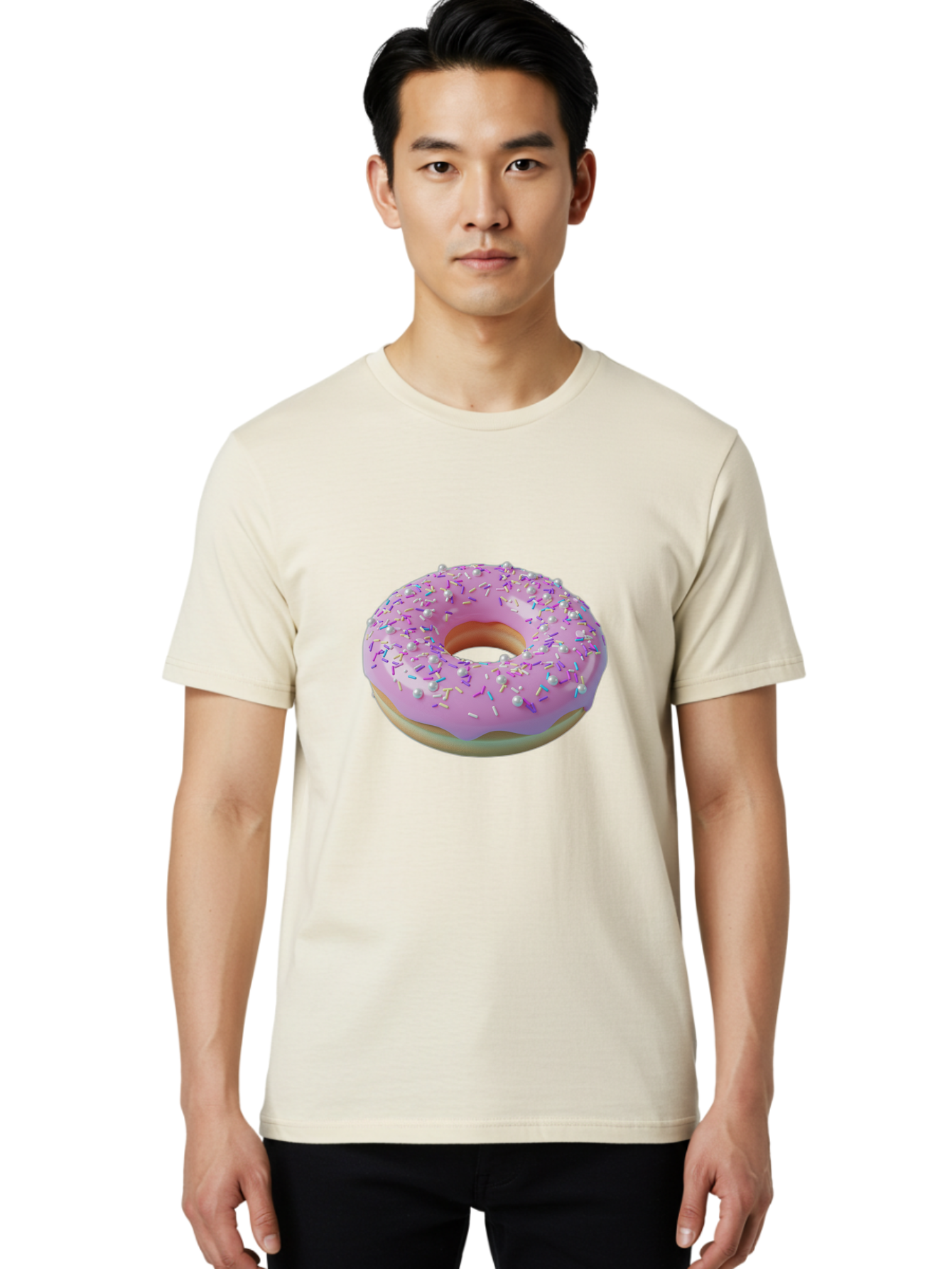 Donut-1 Men'S Graphic Tee, 100% Cotton, Comfortable Casual Summer Wear, Machine Washable, Pink Donut With Sprinkles, Sweet Treats, Colorful Dessert, Tasty Pastry, Baked Goods, Donut With Frosting, Sprinkle Toppings, Purple Frosting Baa495