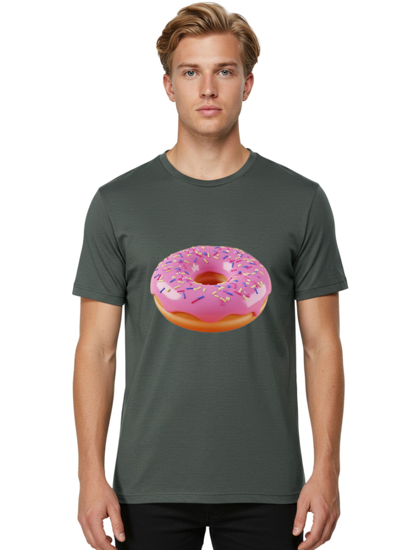 Donut-2 Men'S Graphic Tee, 100% Cotton, Comfortable Casual Summer Wear, Machine Washable, Pink Frosted Donut, Donut With Sprinkles, Colorful Sprinkles, Sweet Treat, Baked Goods, Dessert, Tasty Pastry, Colorful Dessert Baa496
