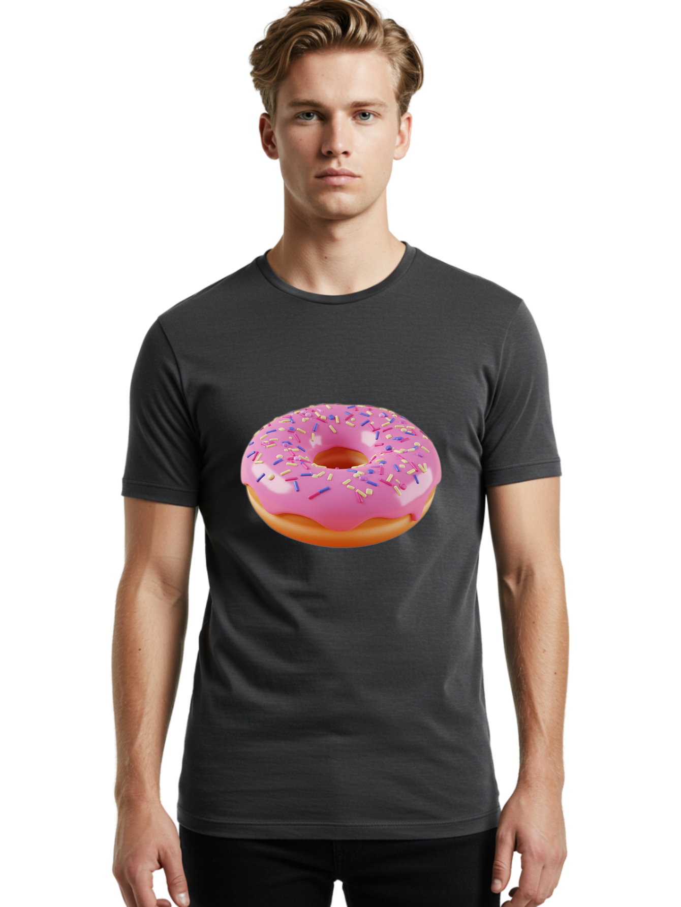 Donut-2 Men'S Graphic Tee, 100% Cotton, Comfortable Casual Summer Wear, Machine Washable, Pink Frosted Donut, Donut With Sprinkles, Colorful Sprinkles, Sweet Treat, Baked Goods, Dessert, Tasty Pastry, Colorful Dessert Baa496