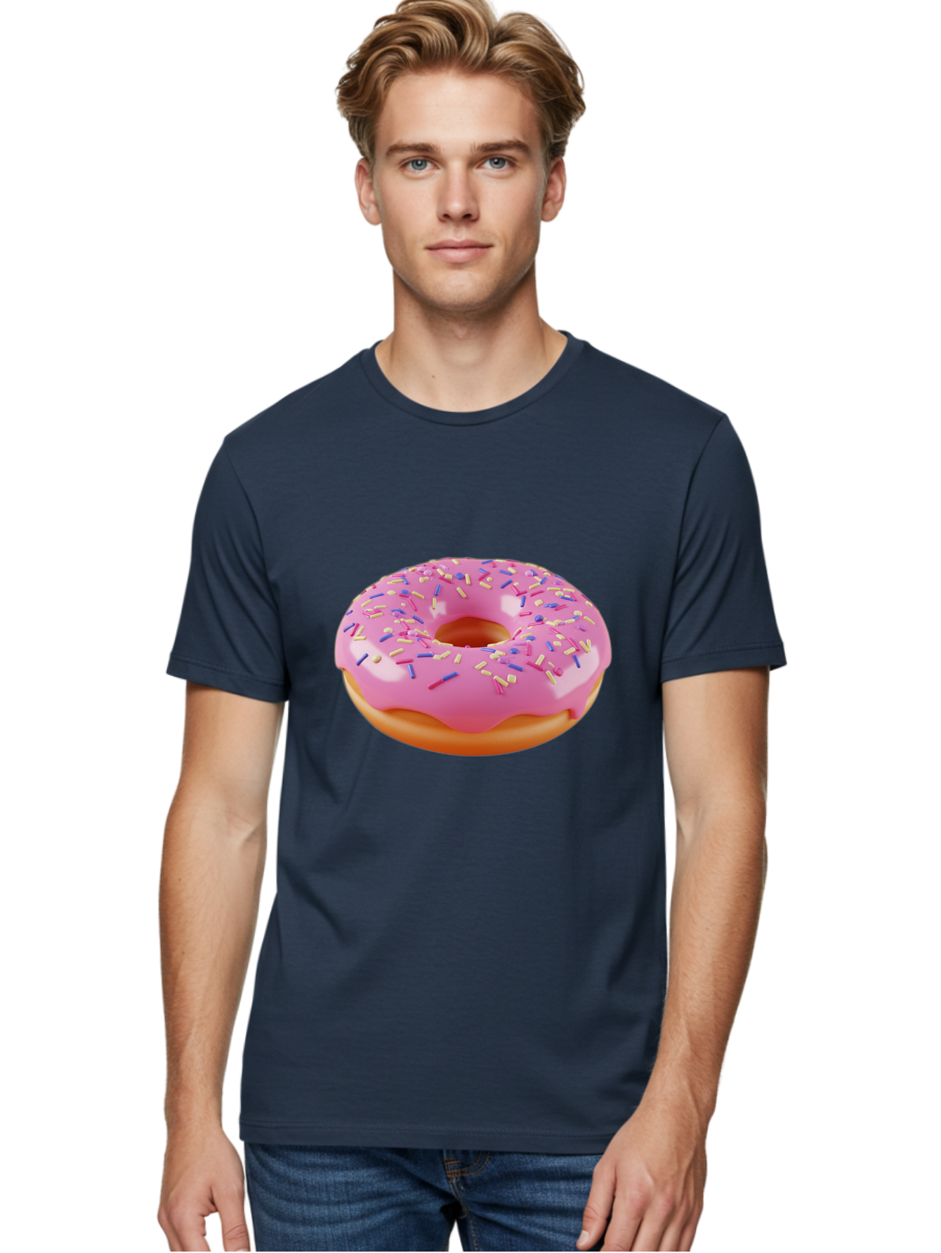 Donut-2 Men'S Graphic Tee, 100% Cotton, Comfortable Casual Summer Wear, Machine Washable, Pink Frosted Donut, Donut With Sprinkles, Colorful Sprinkles, Sweet Treat, Baked Goods, Dessert, Tasty Pastry, Colorful Dessert Baa496