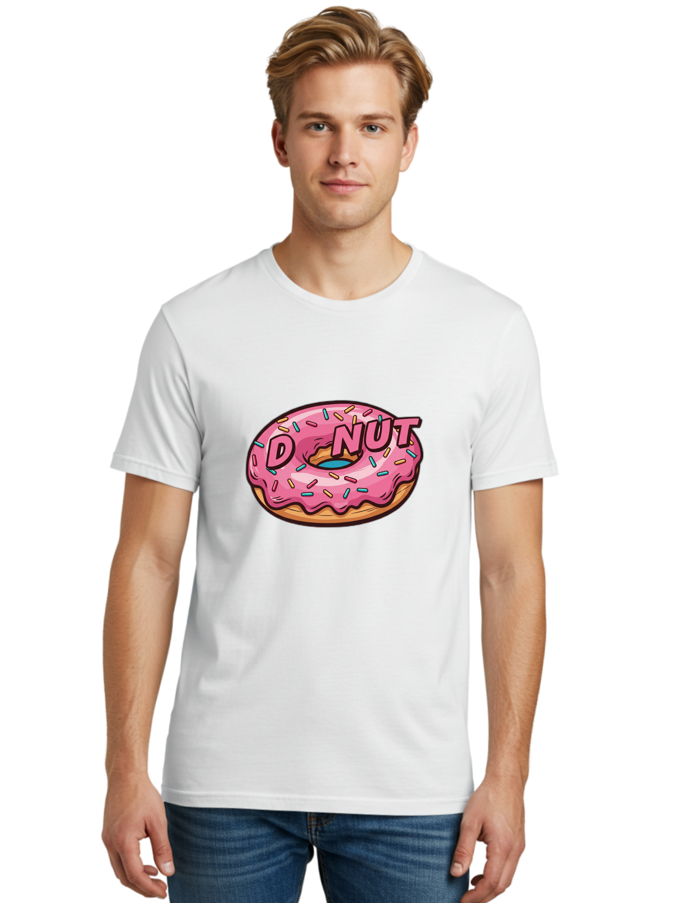 Donut-6 Men'S Graphic Tee, 100% Cotton, Comfortable Casual Summer Wear, Machine Washable, Pink Frosted Donut, Colorful Sprinkles, Sweet Treat, Baked Goods, Donut Shop, Tasty Dessert, Cartoon Style, Glazed Donut, Sprinkle Donut Baa500