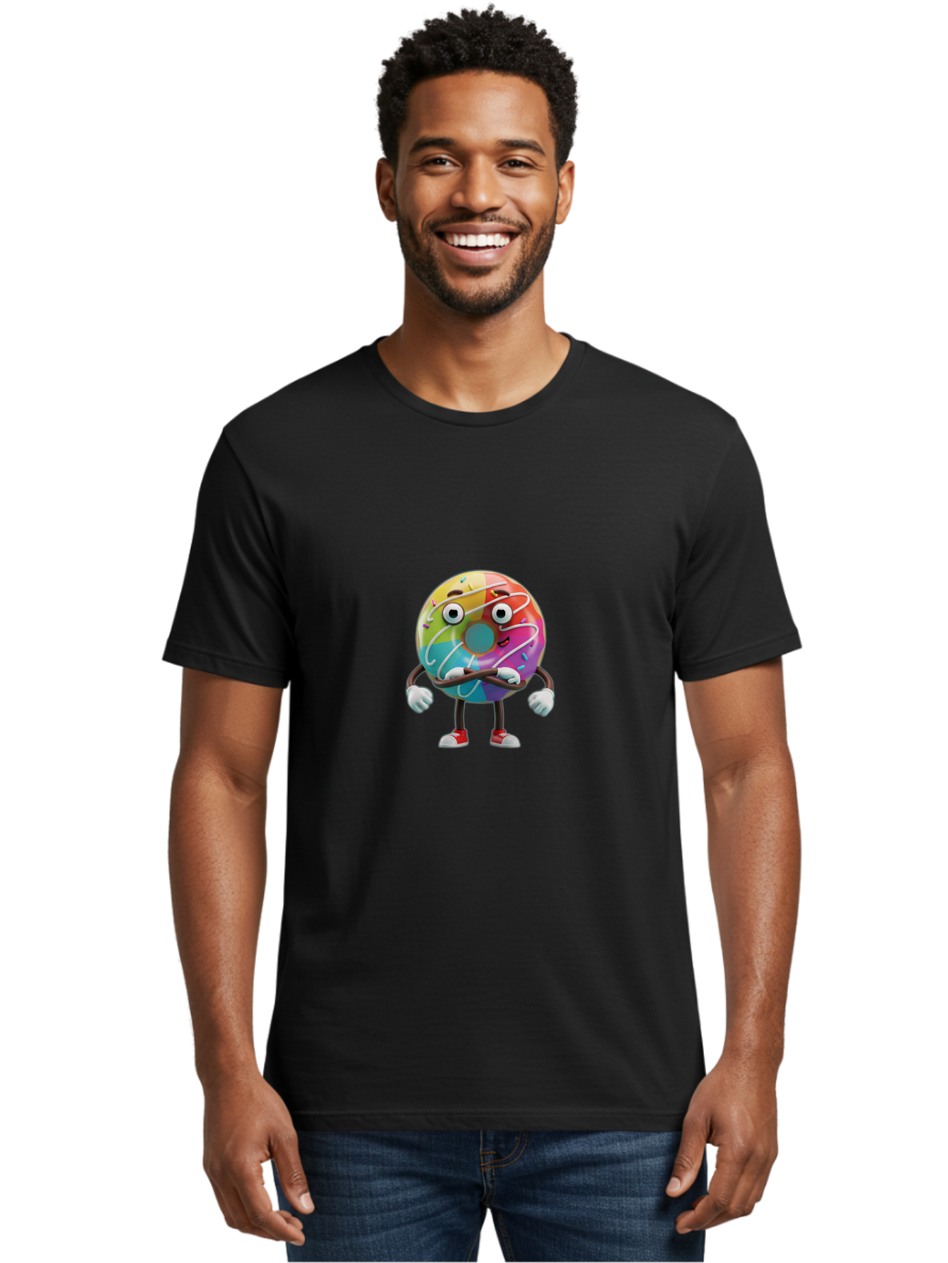 Donut-Character-1 Men'S Graphic Tee, 100% Cotton, Comfortable Casual Summer Wear, Machine Washable, Colorful Donut, Sprinkles, Iced Donut, Cartoon Character, Quirky Expression, Playful Donut, Sweet Treat, Donut Character, Fun Design Baa501