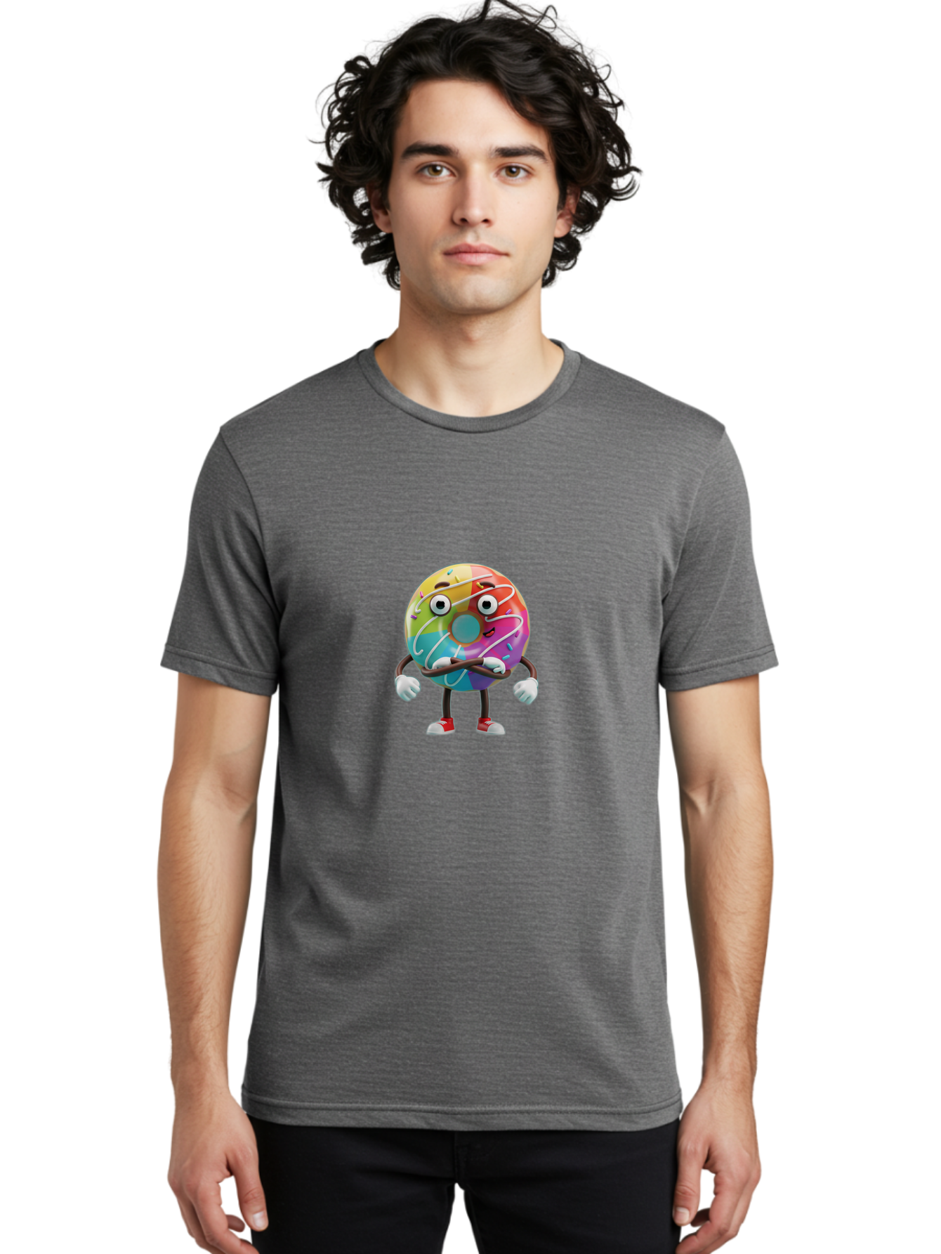 Donut-Character-1 Men'S Graphic Tee, 100% Cotton, Comfortable Casual Summer Wear, Machine Washable, Colorful Donut, Sprinkles, Iced Donut, Cartoon Character, Quirky Expression, Playful Donut, Sweet Treat, Donut Character, Fun Design Baa501
