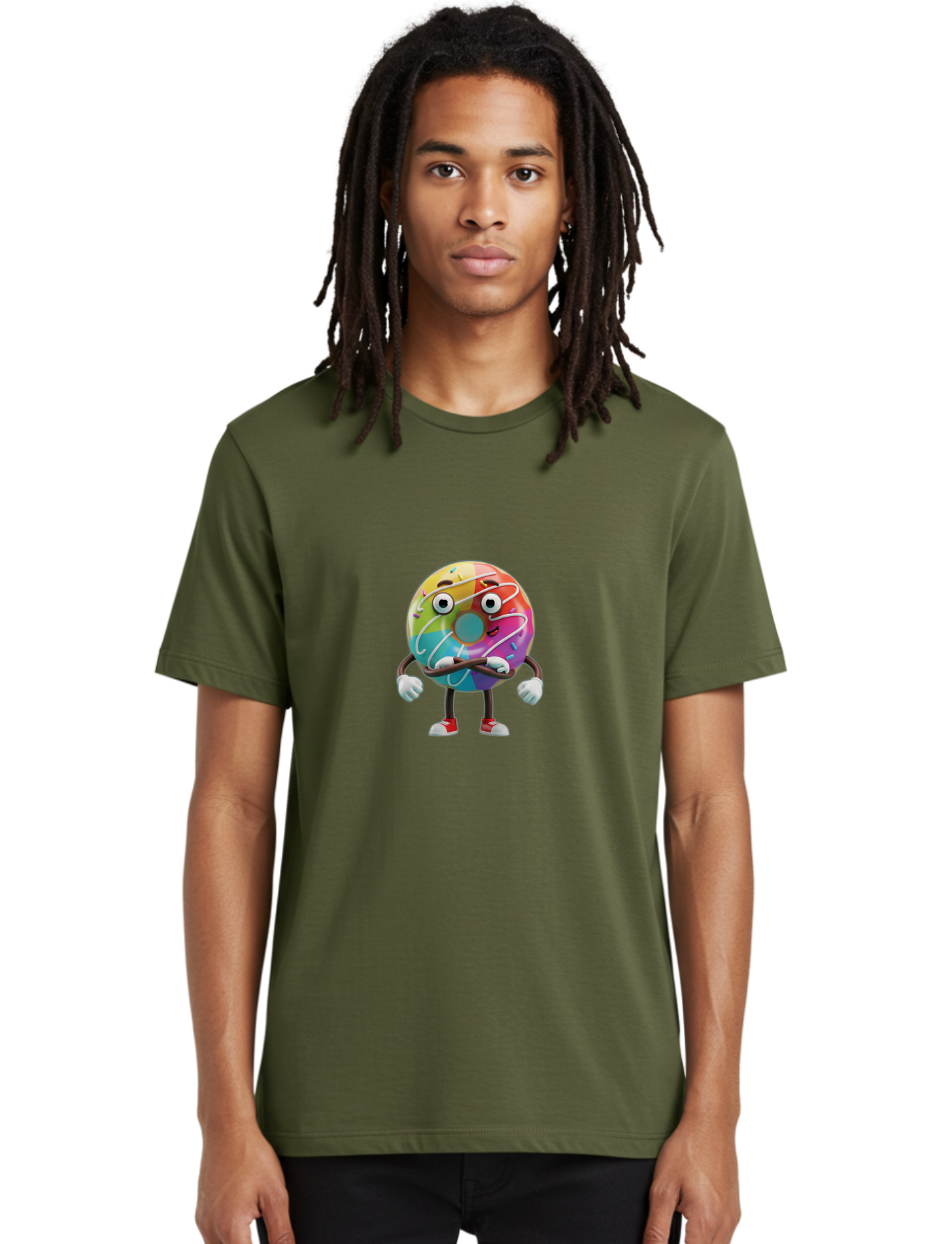 Donut-Character-1 Men'S Graphic Tee, 100% Cotton, Comfortable Casual Summer Wear, Machine Washable, Colorful Donut, Sprinkles, Iced Donut, Cartoon Character, Quirky Expression, Playful Donut, Sweet Treat, Donut Character, Fun Design Baa501