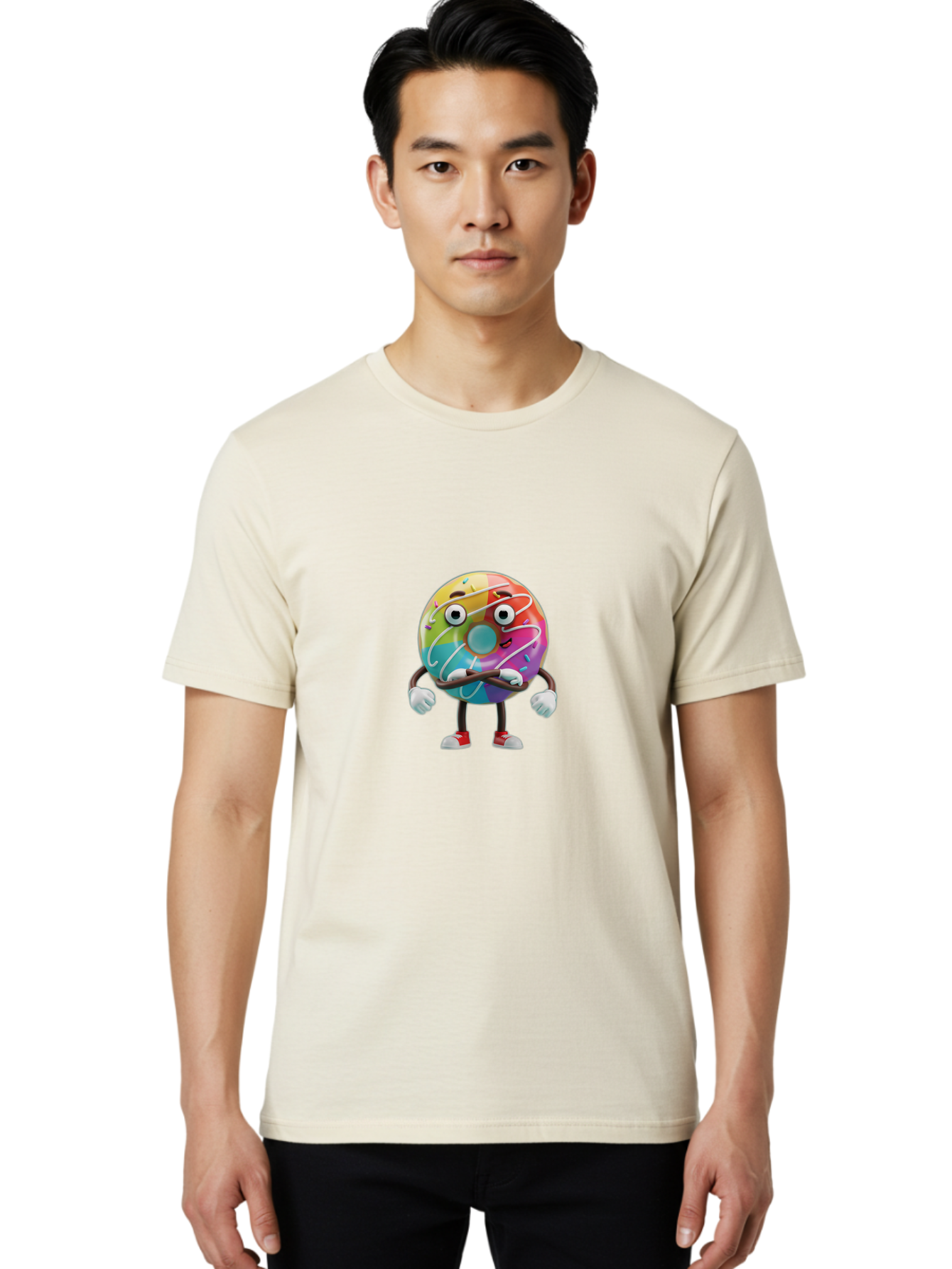 Donut-Character-1 Men'S Graphic Tee, 100% Cotton, Comfortable Casual Summer Wear, Machine Washable, Colorful Donut, Sprinkles, Iced Donut, Cartoon Character, Quirky Expression, Playful Donut, Sweet Treat, Donut Character, Fun Design Baa501