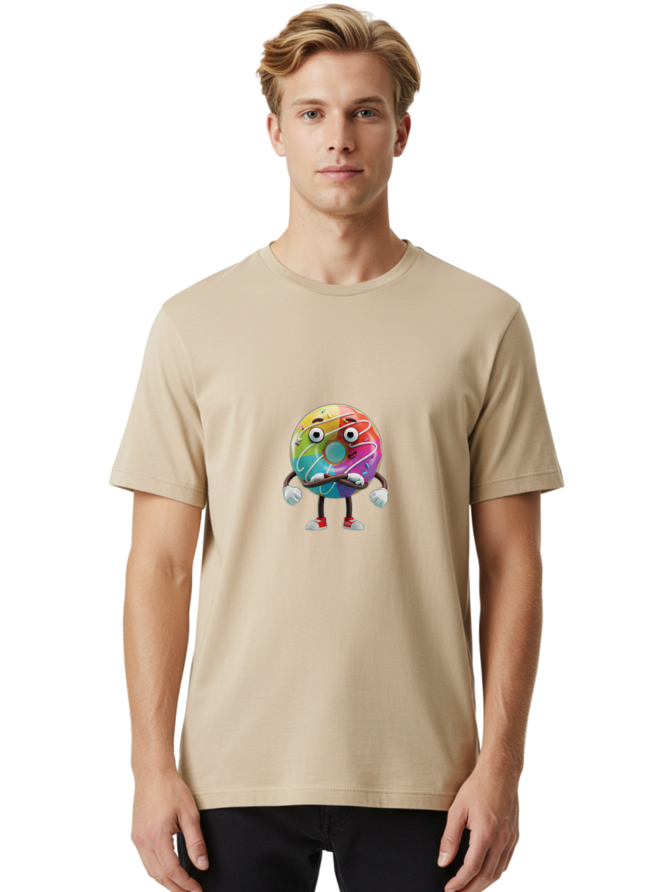Donut-Character-1 Men'S Graphic Tee, 100% Cotton, Comfortable Casual Summer Wear, Machine Washable, Colorful Donut, Sprinkles, Iced Donut, Cartoon Character, Quirky Expression, Playful Donut, Sweet Treat, Donut Character, Fun Design Baa501