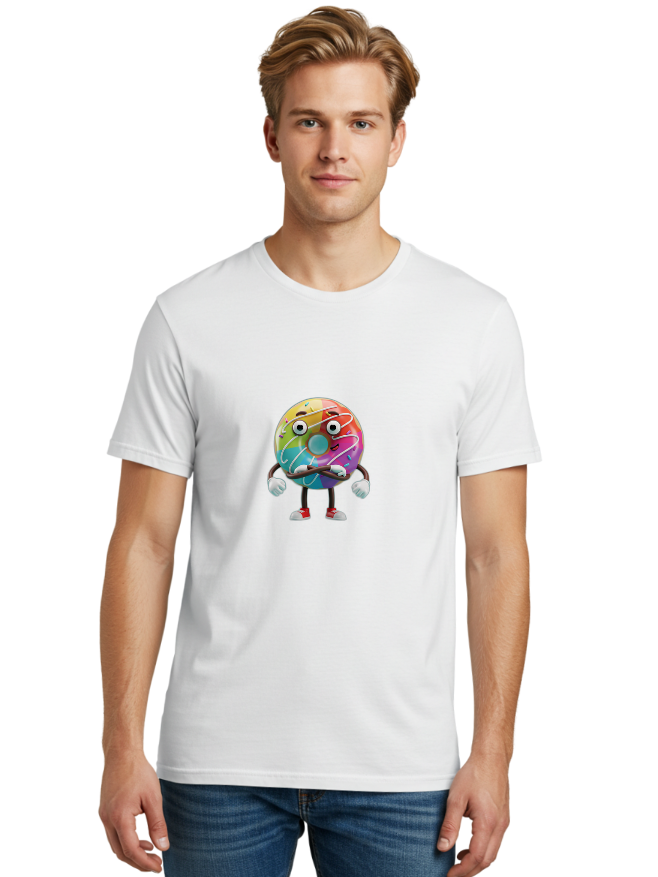 Donut-Character-1 Men'S Graphic Tee, 100% Cotton, Comfortable Casual Summer Wear, Machine Washable, Colorful Donut, Sprinkles, Iced Donut, Cartoon Character, Quirky Expression, Playful Donut, Sweet Treat, Donut Character, Fun Design Baa501