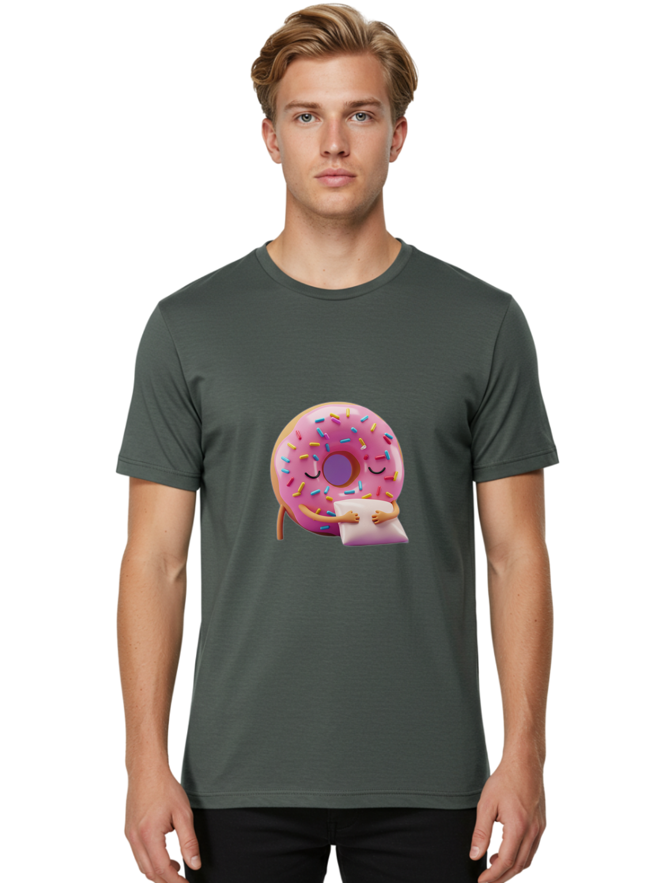 Donut-Character Men'S Graphic Tee, 100% Cotton, Comfortable Casual Summer Wear, Machine Washable, Donut With Sprinkles, Sleeping Donut, Cute Cartoon Character, Pink Donut, Sweet Treat, Relaxing Donut, Donut With Arms, Dreamy Dessert, Baa502