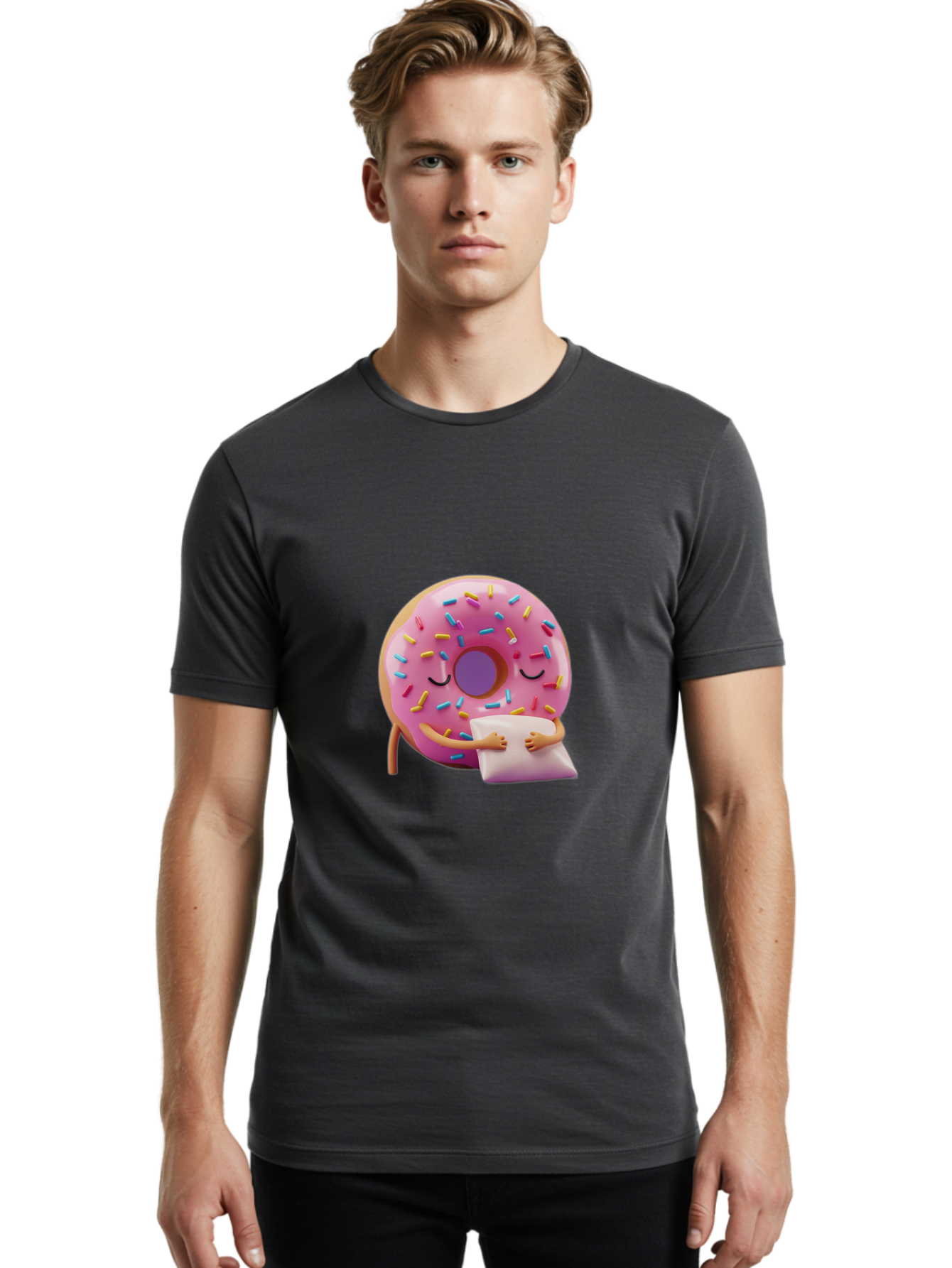 Donut-Character Men'S Graphic Tee, 100% Cotton, Comfortable Casual Summer Wear, Machine Washable, Donut With Sprinkles, Sleeping Donut, Cute Cartoon Character, Pink Donut, Sweet Treat, Relaxing Donut, Donut With Arms, Dreamy Dessert, Baa502