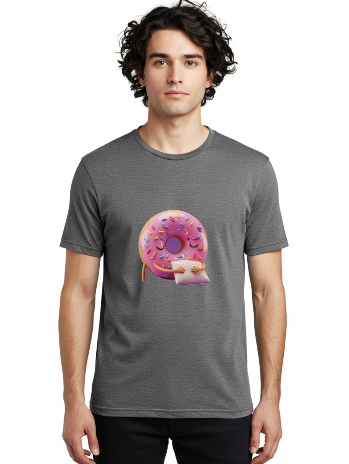 Donut-Character Men'S Graphic Tee, 100% Cotton, Comfortable Casual Summer Wear, Machine Washable, Donut With Sprinkles, Sleeping Donut, Cute Cartoon Character, Pink Donut, Sweet Treat, Relaxing Donut, Donut With Arms, Dreamy Dessert, Baa502