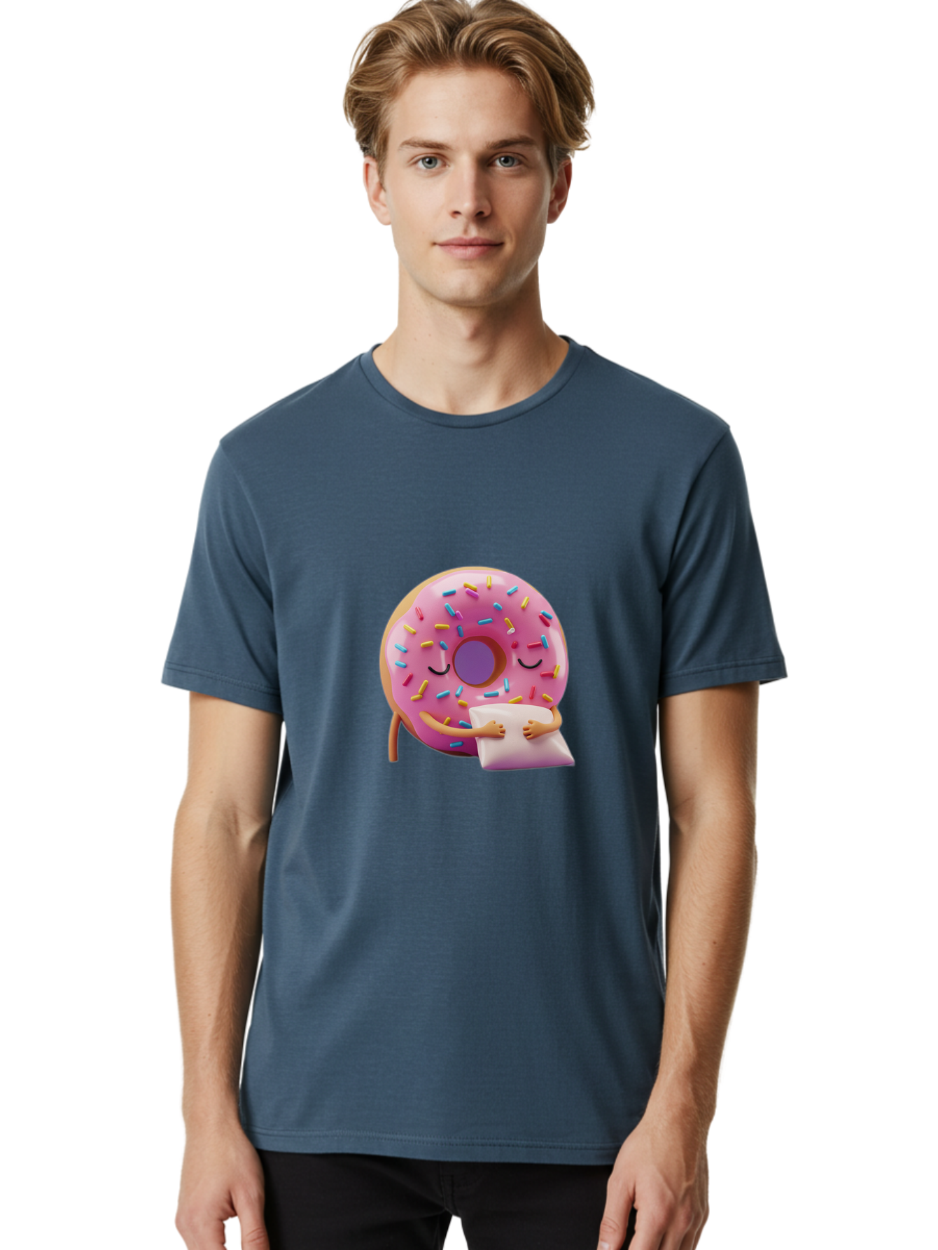 Donut-Character Men'S Graphic Tee, 100% Cotton, Comfortable Casual Summer Wear, Machine Washable, Donut With Sprinkles, Sleeping Donut, Cute Cartoon Character, Pink Donut, Sweet Treat, Relaxing Donut, Donut With Arms, Dreamy Dessert, Baa502