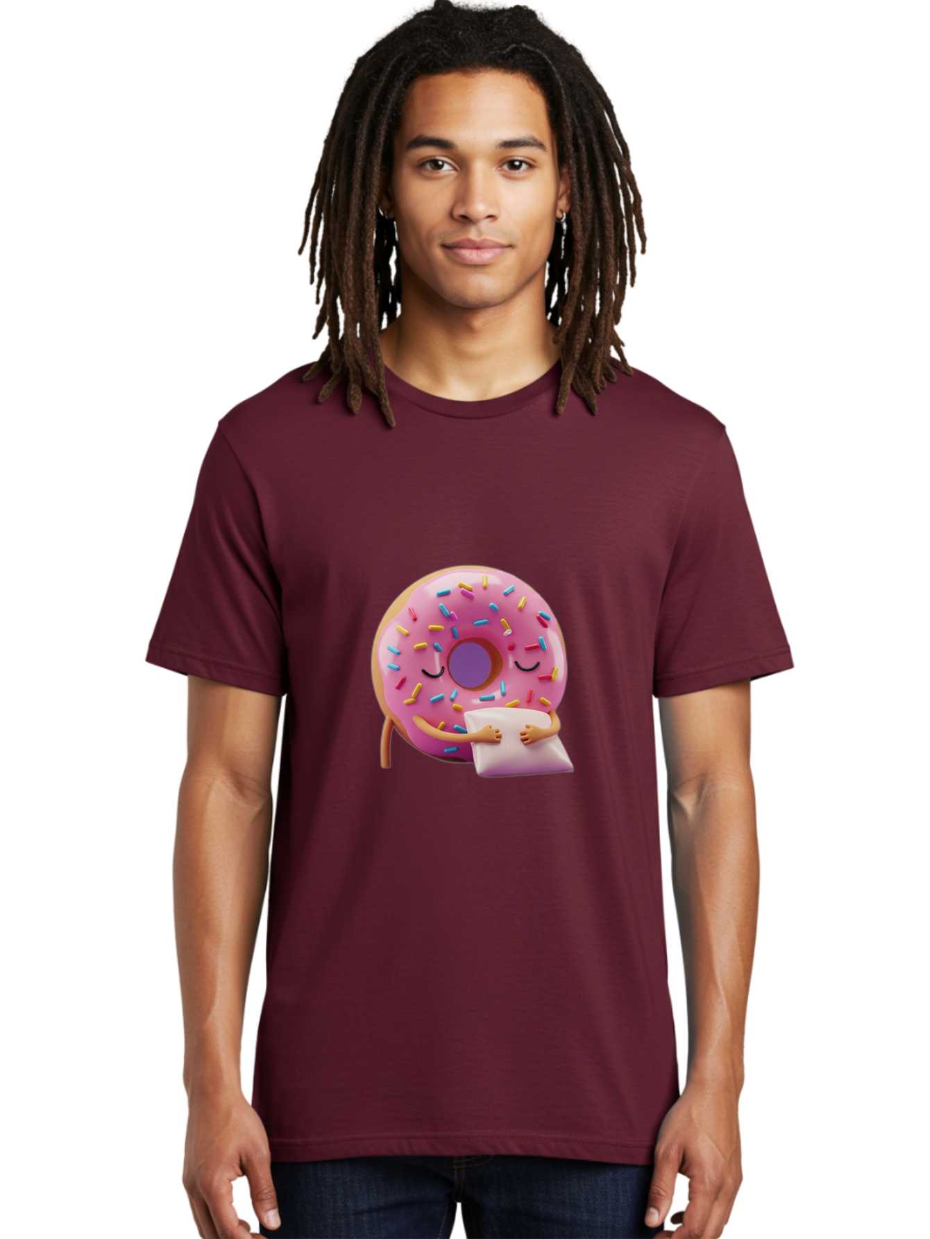Donut-Character Men'S Graphic Tee, 100% Cotton, Comfortable Casual Summer Wear, Machine Washable, Donut With Sprinkles, Sleeping Donut, Cute Cartoon Character, Pink Donut, Sweet Treat, Relaxing Donut, Donut With Arms, Dreamy Dessert, Baa502