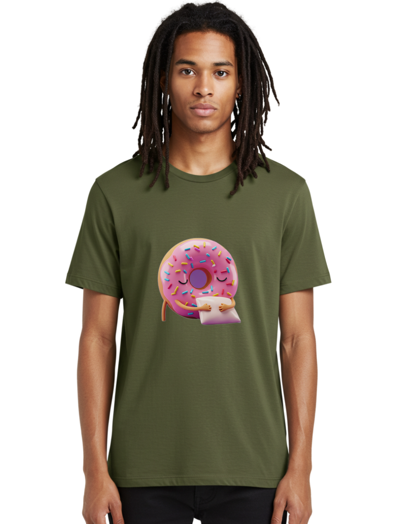 Donut-Character Men'S Graphic Tee, 100% Cotton, Comfortable Casual Summer Wear, Machine Washable, Donut With Sprinkles, Sleeping Donut, Cute Cartoon Character, Pink Donut, Sweet Treat, Relaxing Donut, Donut With Arms, Dreamy Dessert, Baa502