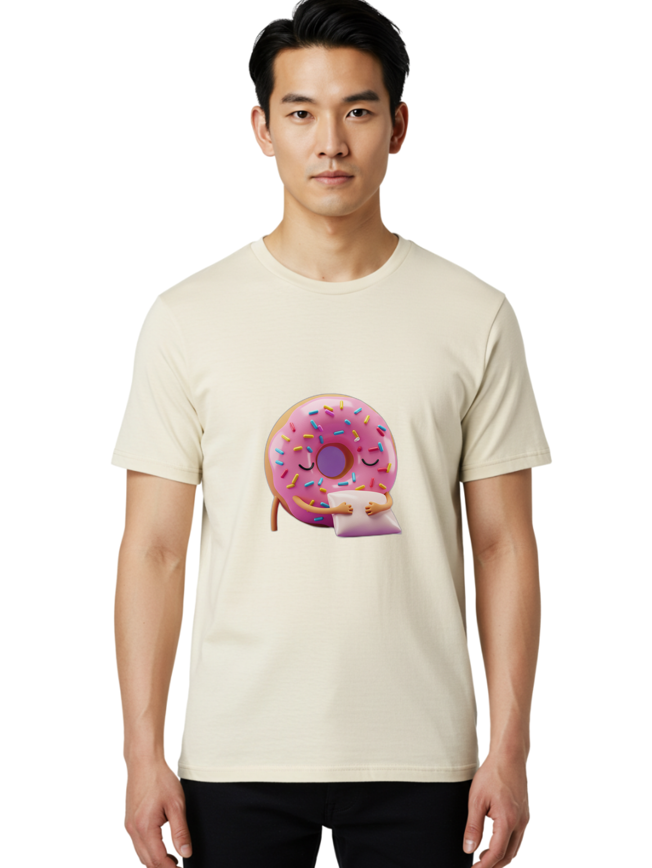Donut-Character Men'S Graphic Tee, 100% Cotton, Comfortable Casual Summer Wear, Machine Washable, Donut With Sprinkles, Sleeping Donut, Cute Cartoon Character, Pink Donut, Sweet Treat, Relaxing Donut, Donut With Arms, Dreamy Dessert, Baa502